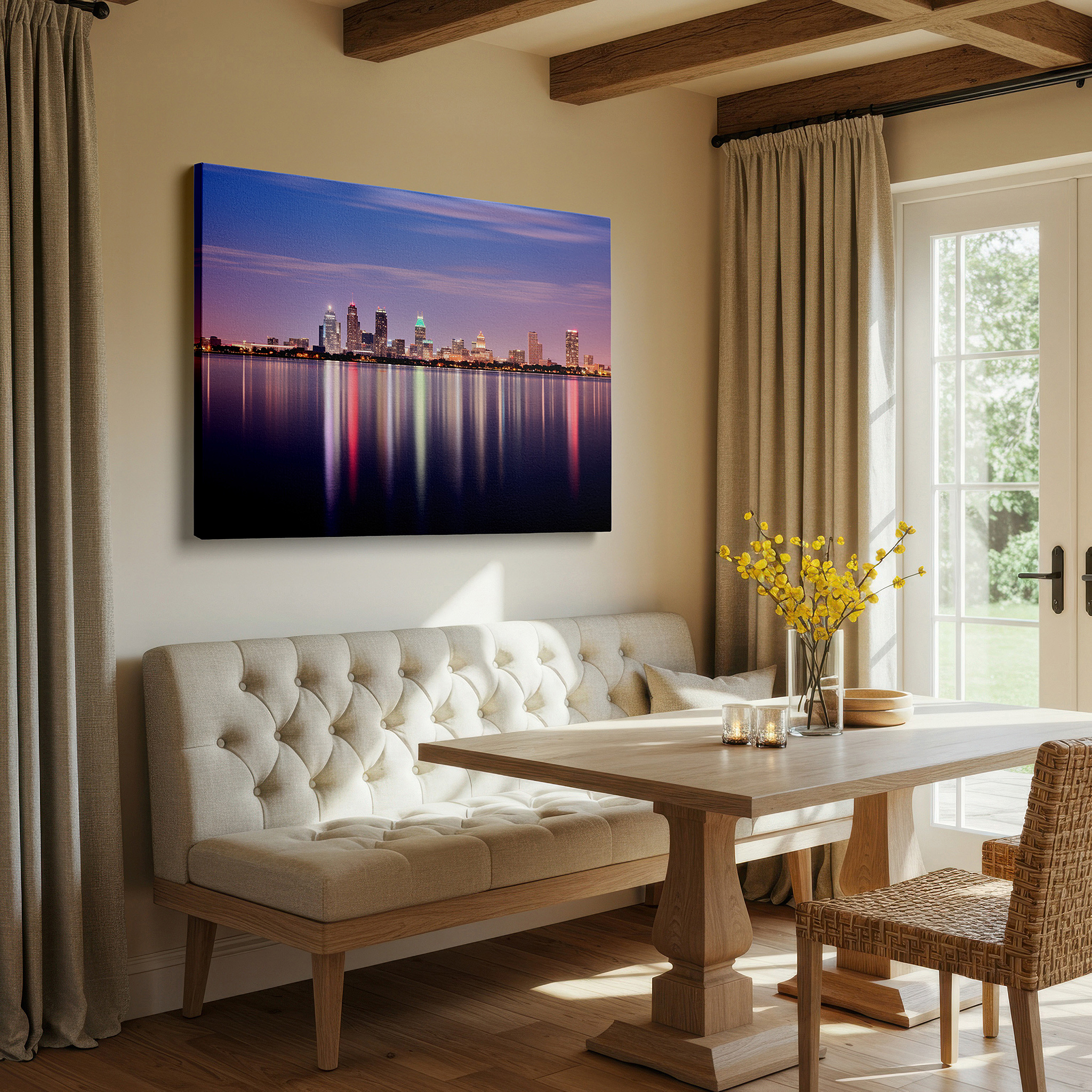 Presented on a clean white gallery wall with ample space — cleveland skyline at dawn - serene transition with renewal and optimism hues large wall art, canvas wall art, wall art decor, office wall art