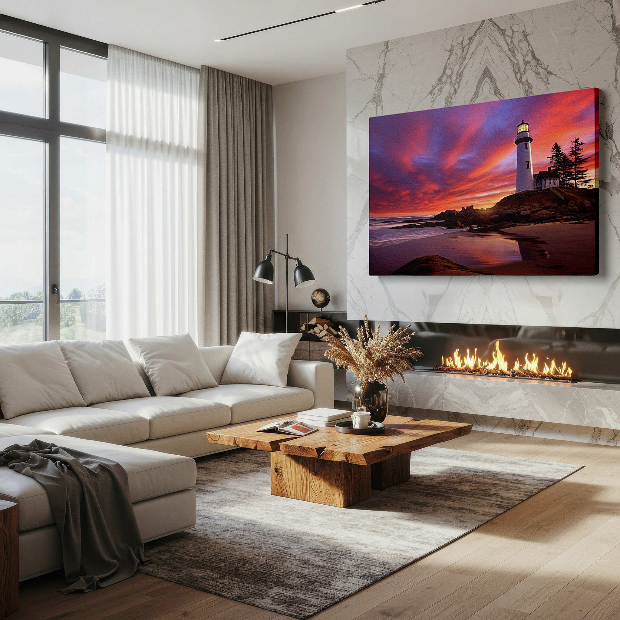 Presented on a clean white gallery wall with ample space — coastal sunset majesty: lighthouse serenity under vibrant skies - large canvas wall art for office and bedroom decor
