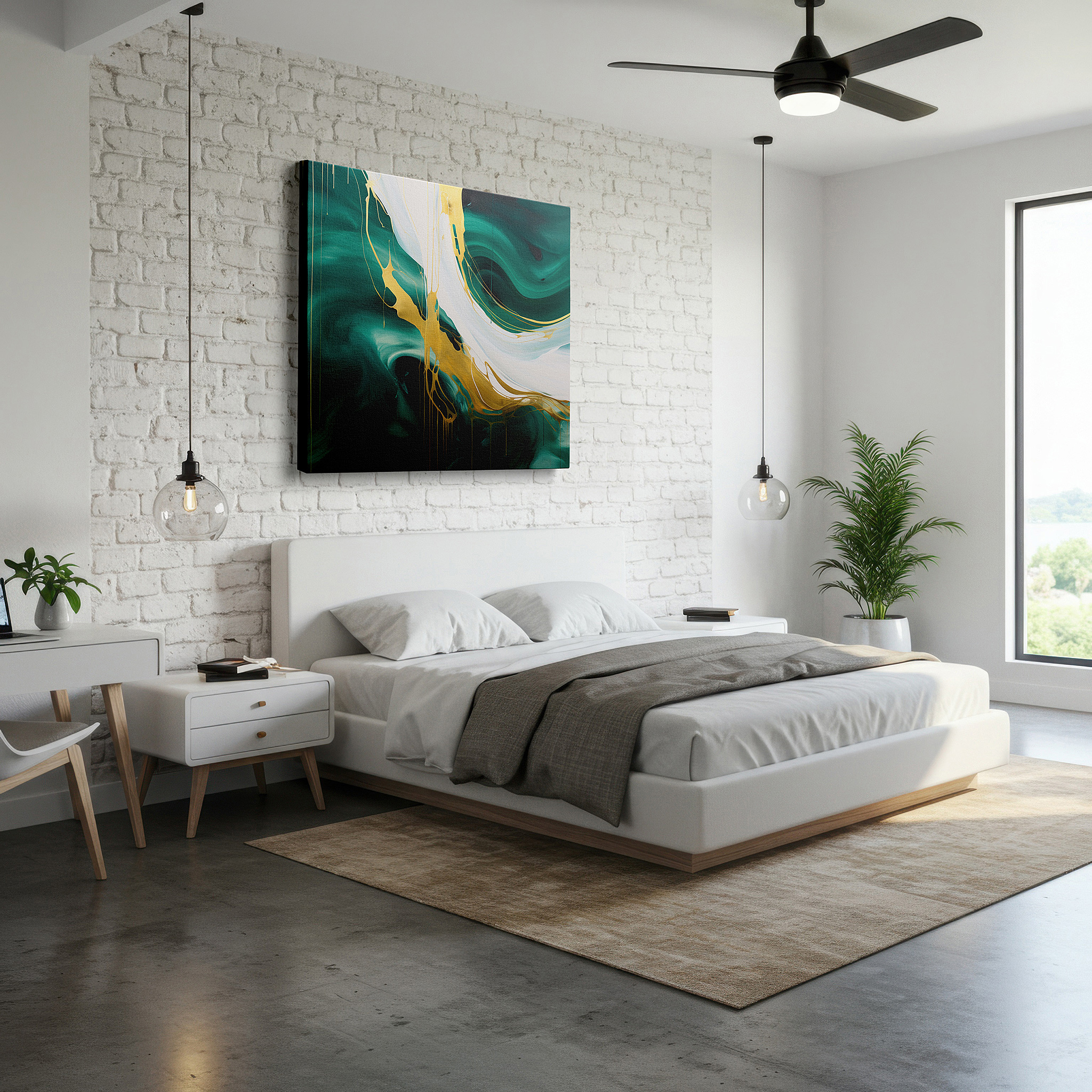 Presented on a clean white gallery wall with ample space — contemporary elegance in lush green and luxurious gold: large wall art, canvas wall art, wall decor for offices
