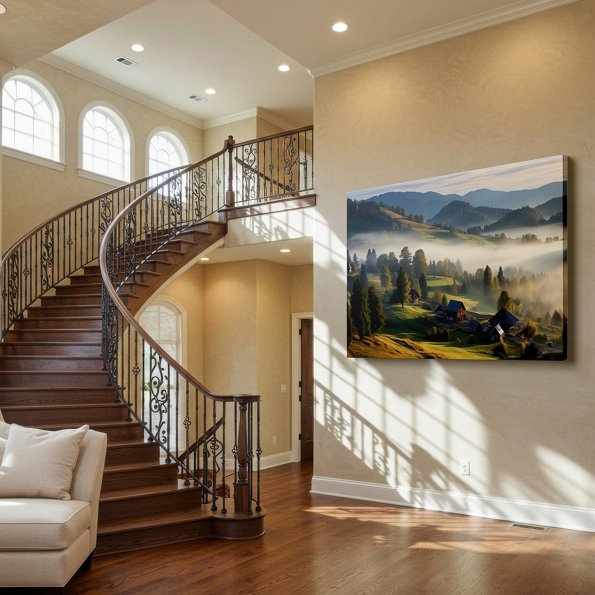 Presented on a clean white gallery wall with ample space — dawn's embrace: misty mountain village large wall art, canvas decor for office, bedroom, and living room