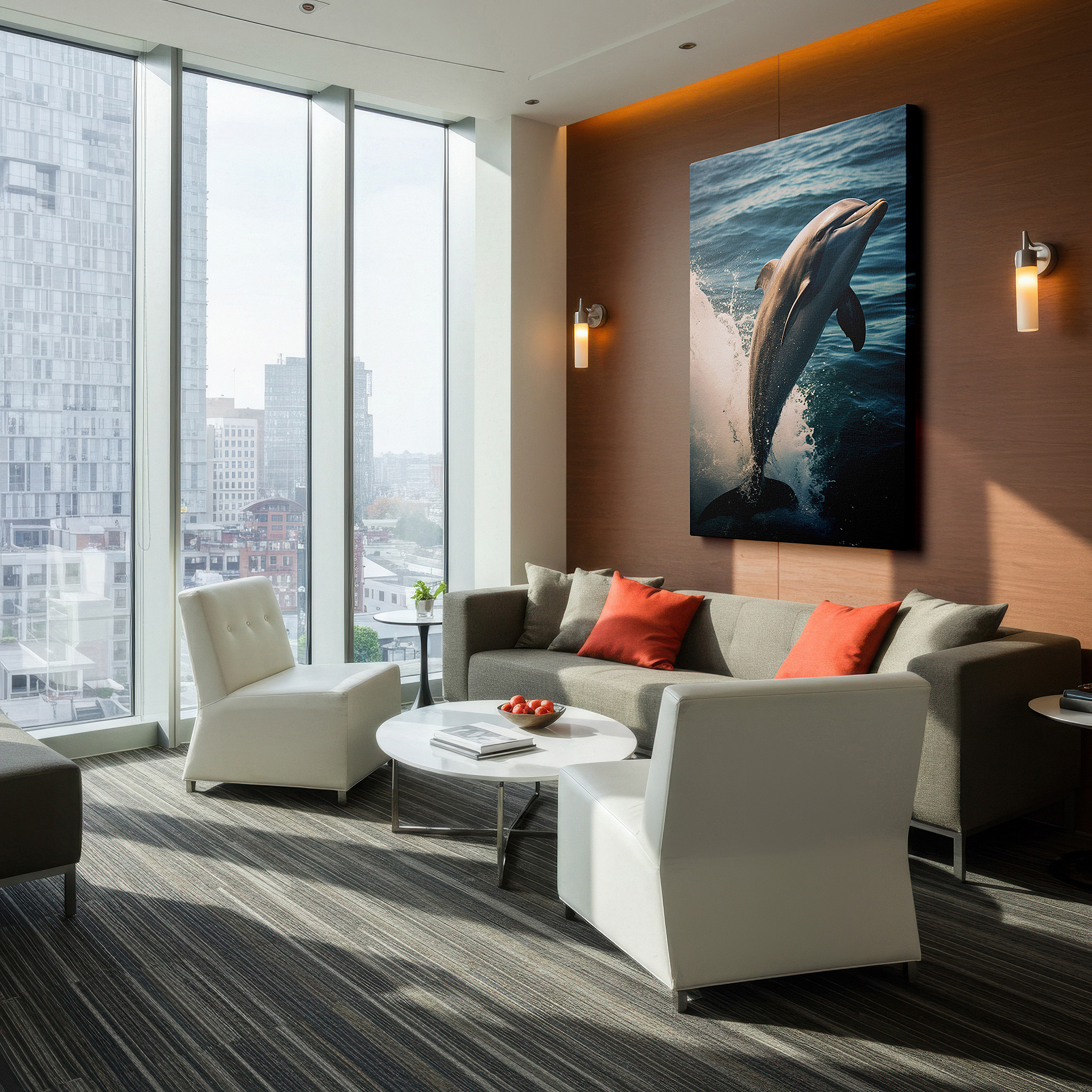 Presented on a clean white gallery wall with ample space — dolphin's joyful leap into sparkling waters: large wall art, canvas wall art, wall art decor for office and bedroom