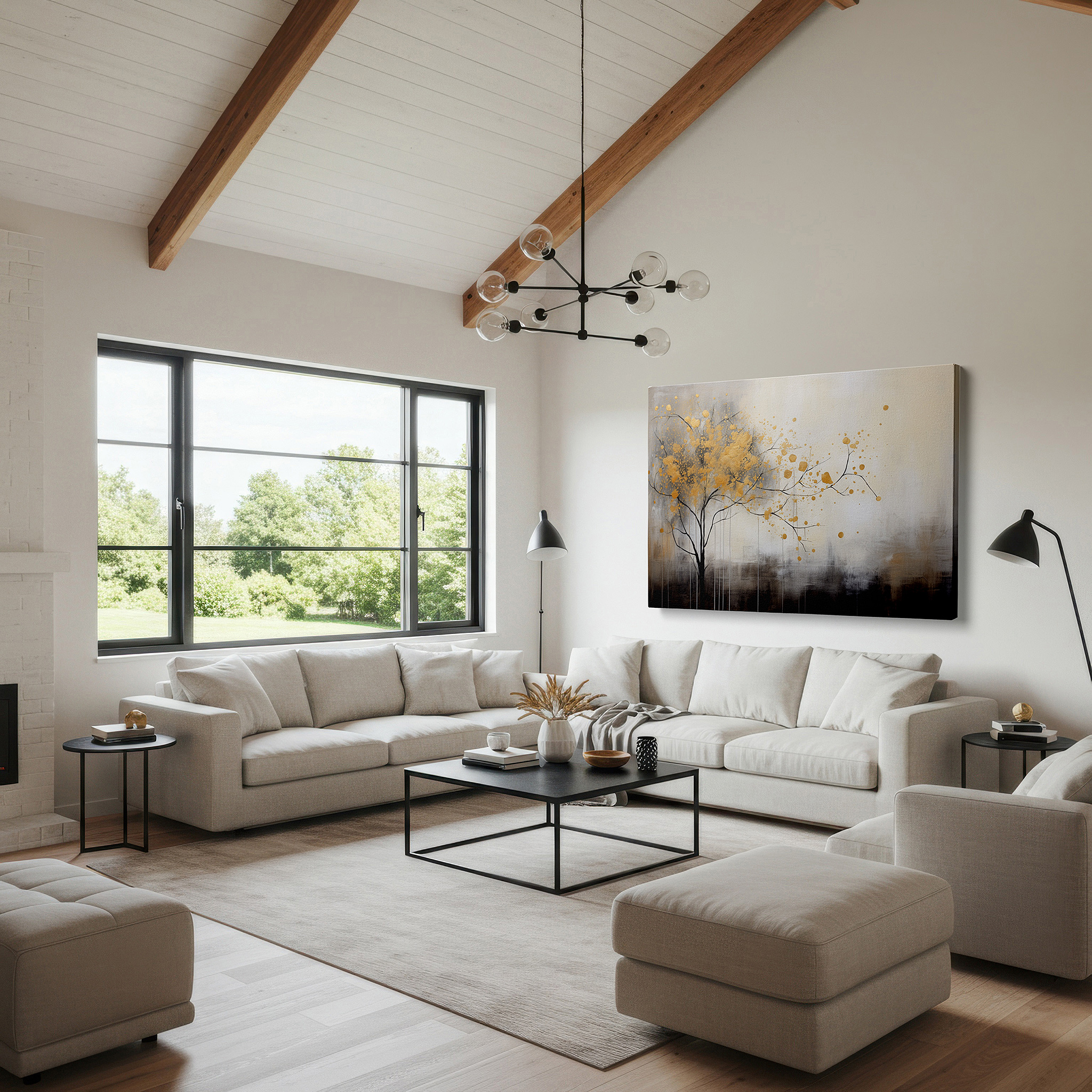 Presented on a clean white gallery wall with ample space — dreamlike elegant tree with golden splashes large canvas wall art for office, bedroom, and living room decor