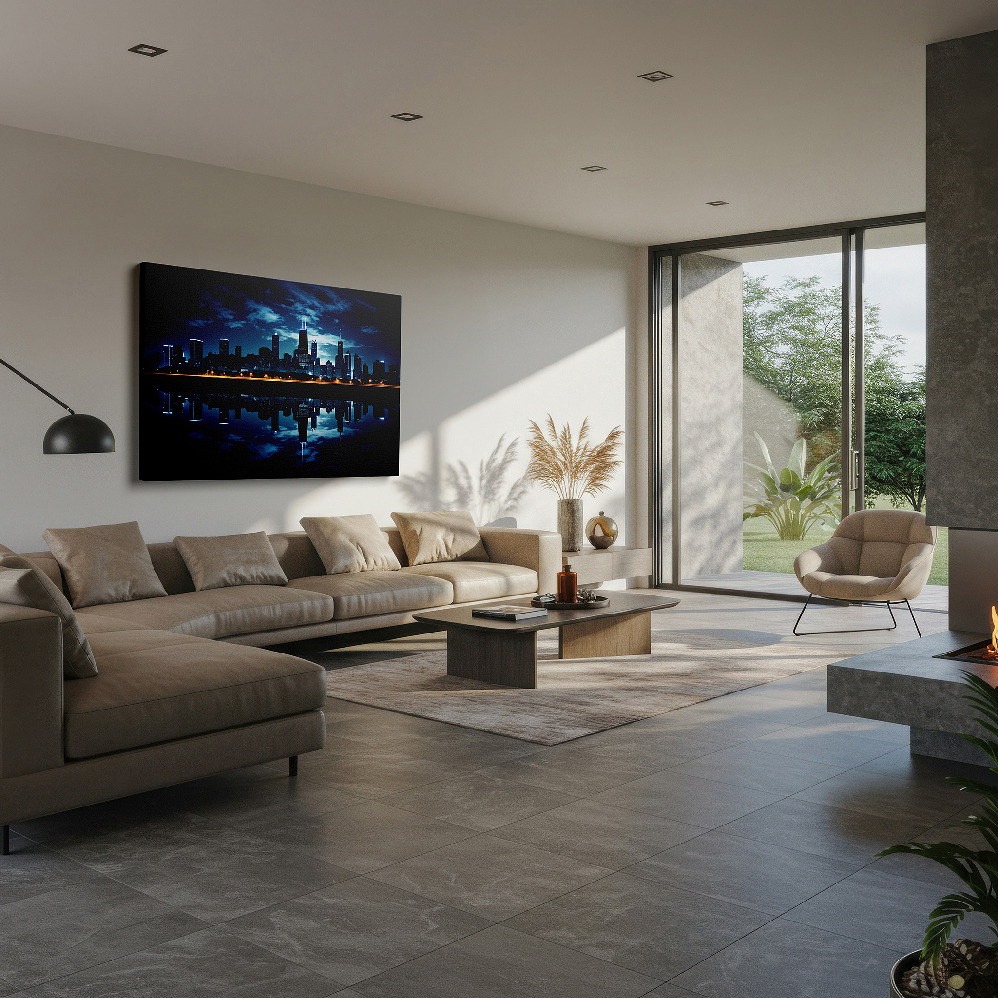 Presented on a clean white gallery wall with ample space — dynamic chicago skyline at night with bright city lights and peaceful water reflections - large canvas wall art for office decor