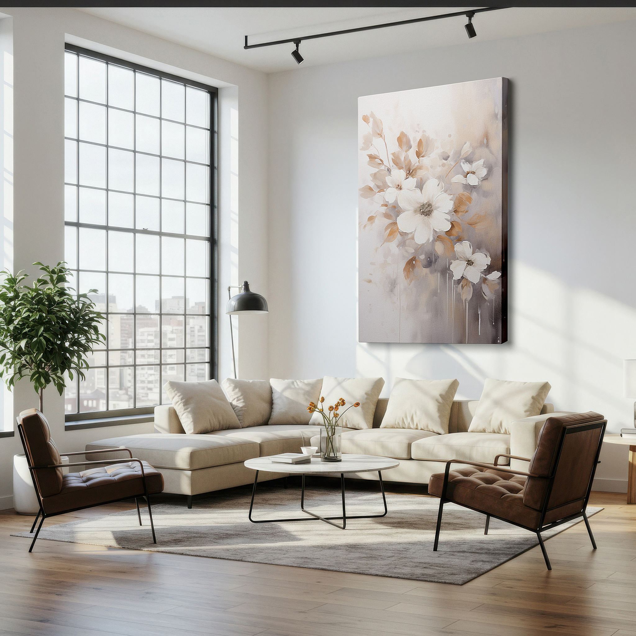 Presented on a clean white gallery wall with ample space — elegant floral tranquility wall art with white, beige, and gold accents for office, bedroom, and living room decor