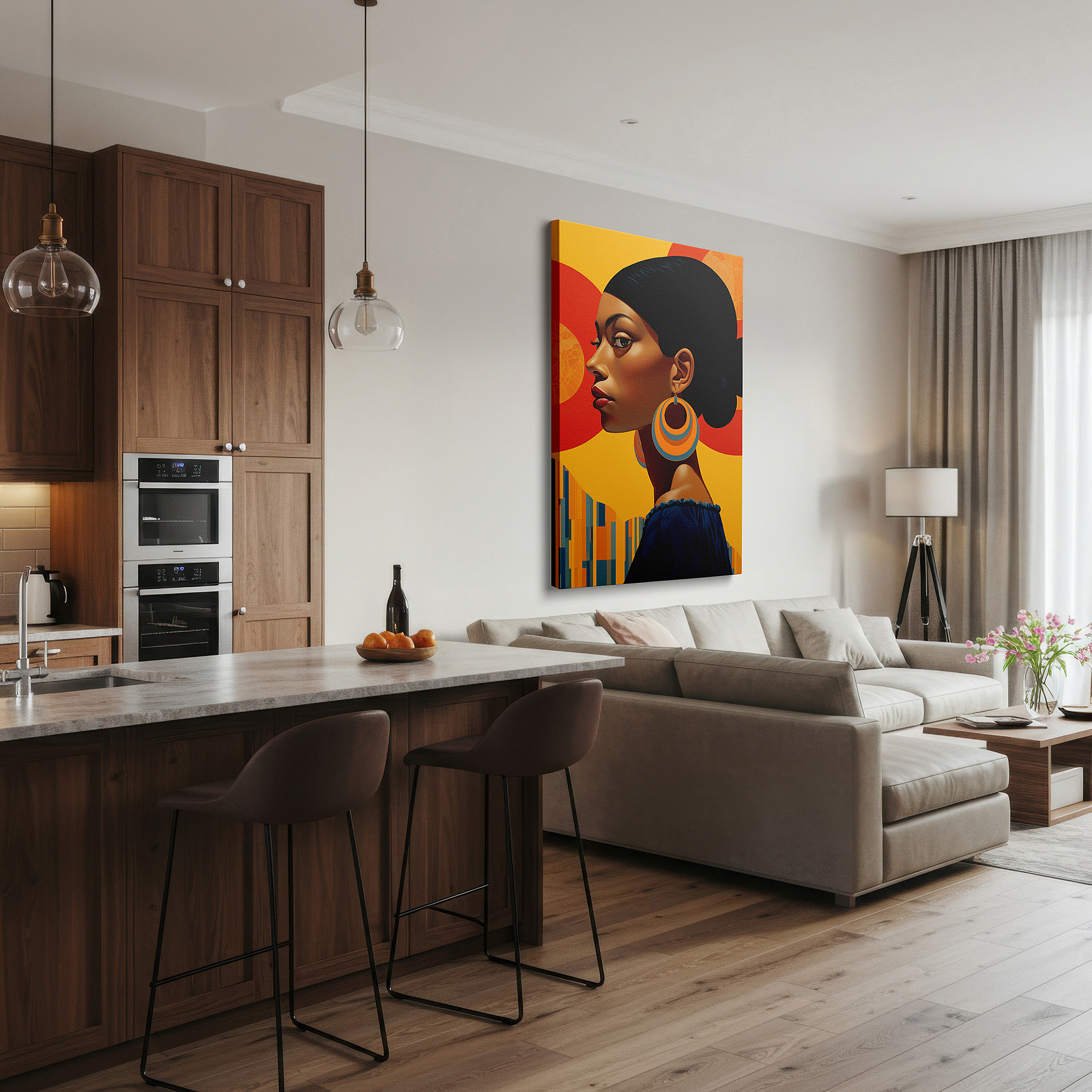 Presented on a clean white gallery wall with ample space — elegant and modern portrait of a confident woman: large wall art, canvas wall art, wall decor for office