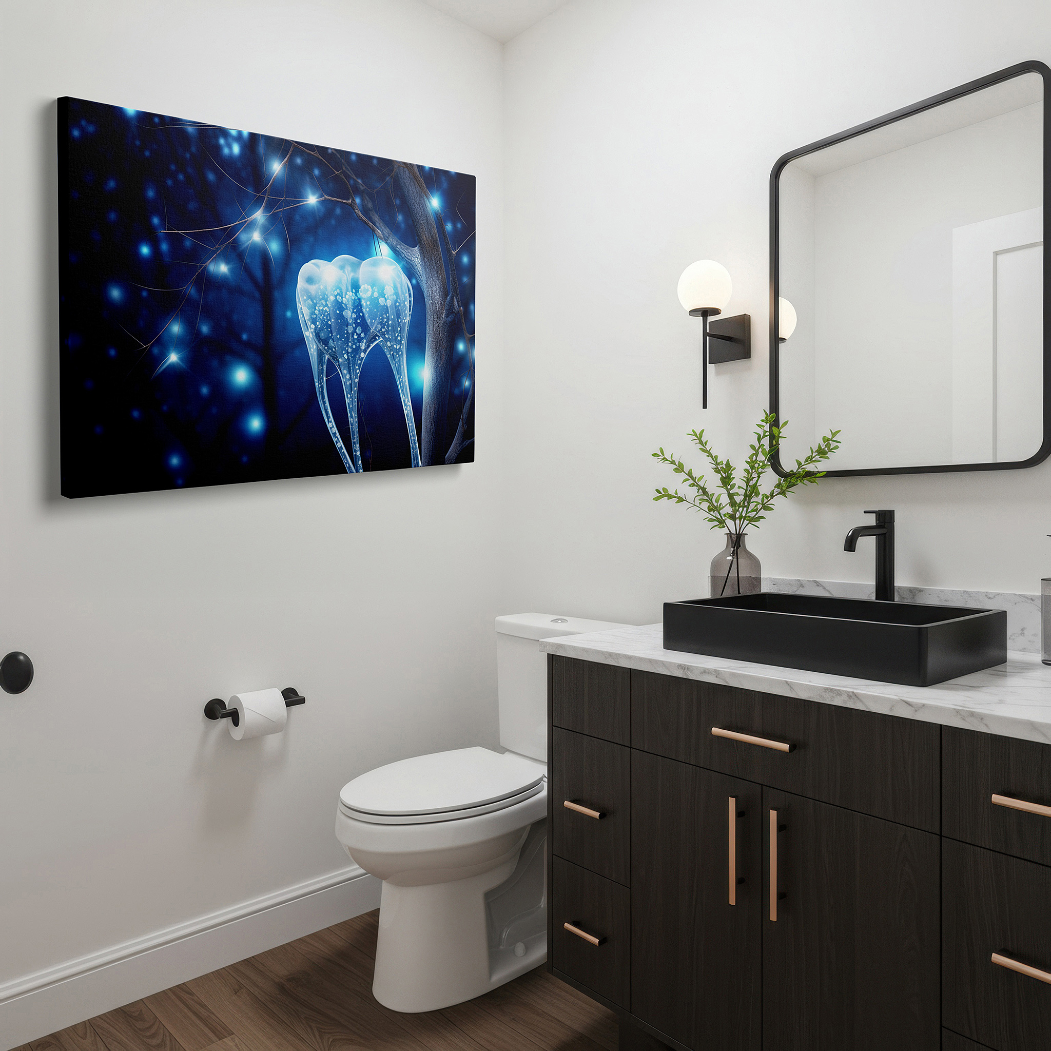 Presented on a clean white gallery wall with ample space — enchanted tree wall art: surreal nature and fantasy fusion with glowing teeth - large canvas for home and office decor, ideal for living room and bedroom