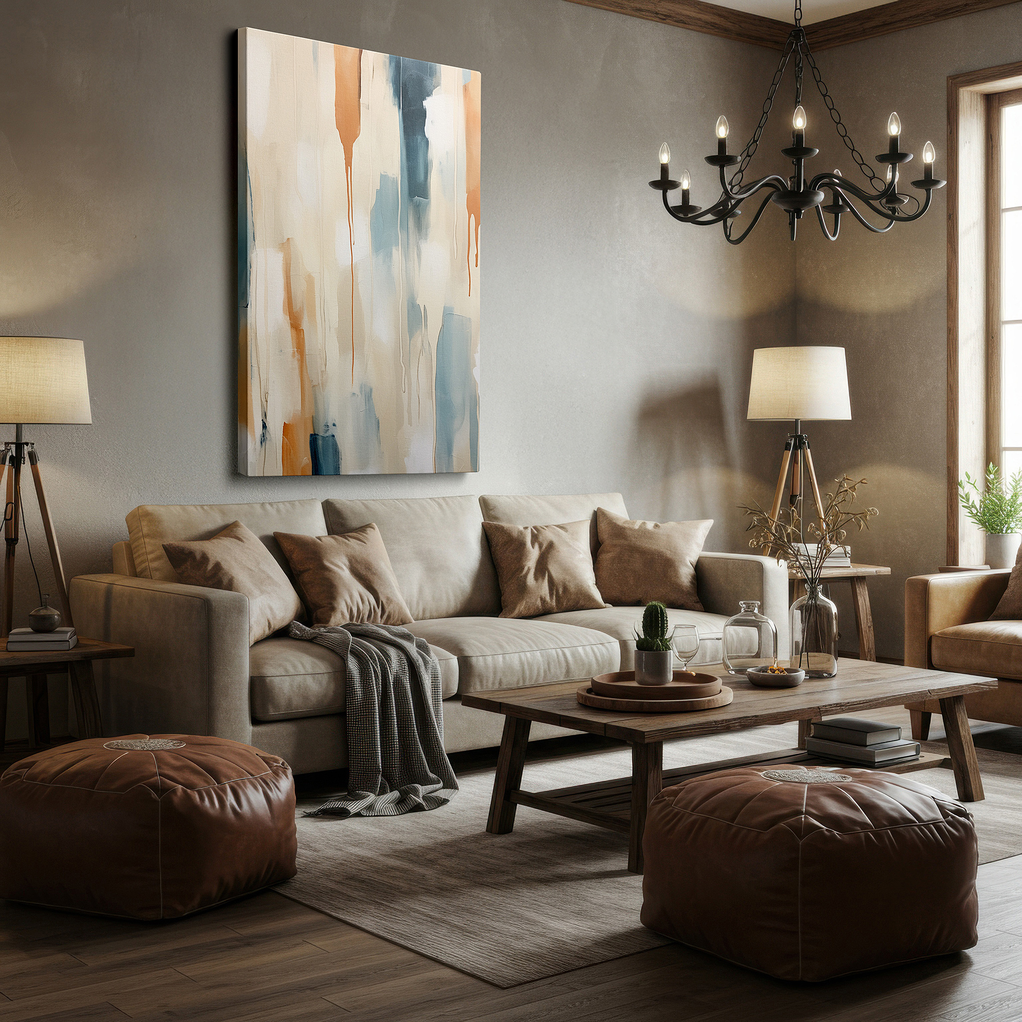 Presented on a clean white gallery wall with ample space — enhance room ambiance with serene pastel palette and soothing dripping techniques: large wall art, canvas wall art, wall art decor for offices and bedrooms