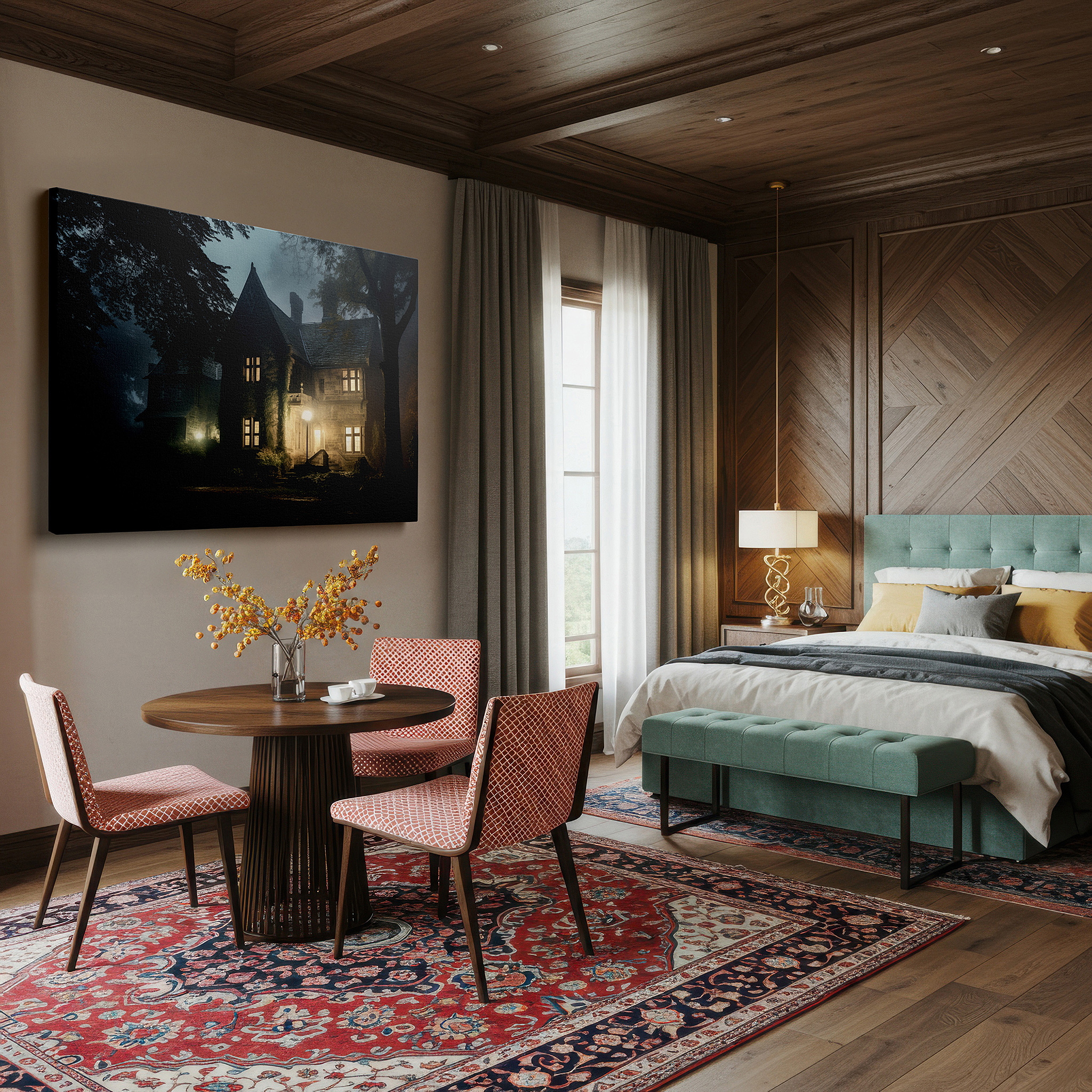 Presented on a clean white gallery wall with ample space — ethereal mist enshrouding a victorian mansion - mysterious and captivating large wall art, perfect for office, living room, or bedroom decor