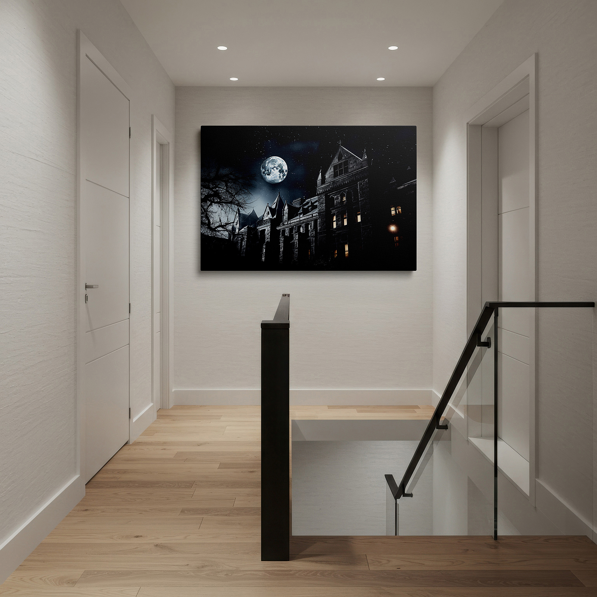 Presented on a clean white gallery wall with ample space — ethereal moonlit mansion: mysterious and inviting large wall art, canvas decor for home and office