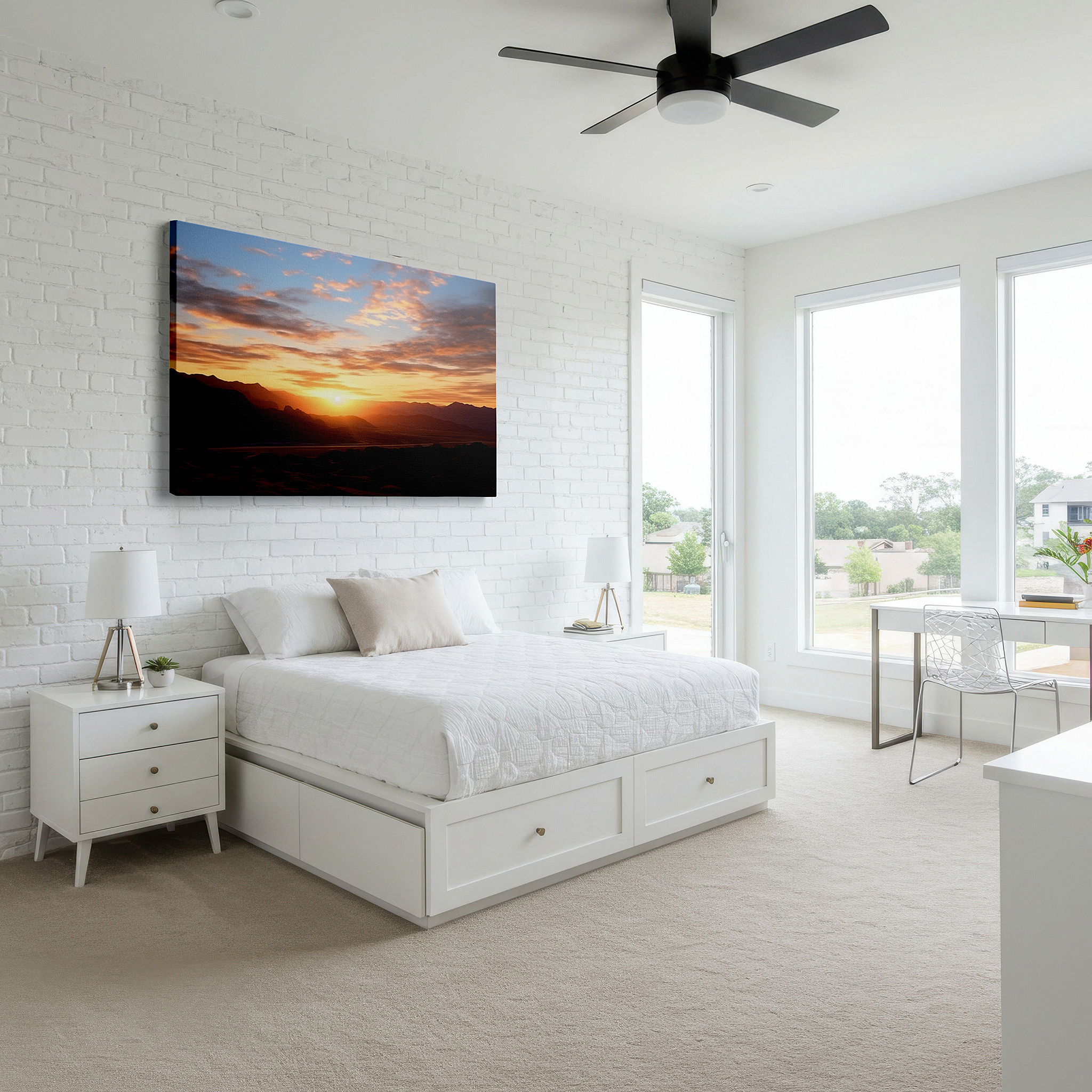 Presented on a clean white gallery wall with ample space — ethereal sunset over rugged desert landscape, dramatic light and shadow canvas wall art, large wall decor for office and bedroom