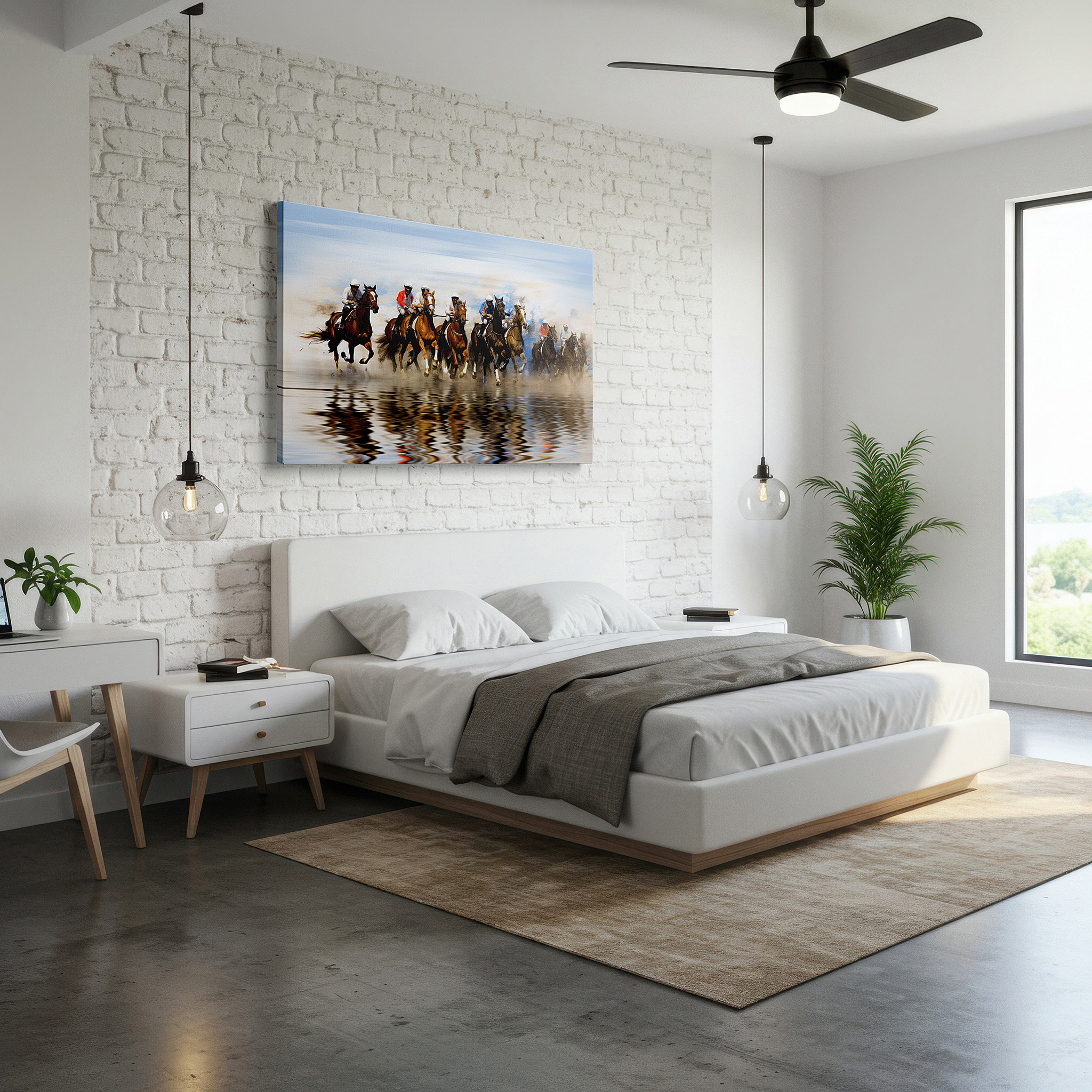 Presented on a clean white gallery wall with ample space — exciting horse race wall art showcasing competitive spirit and equestrian enthusiasm, perfect for office, living room, or bedroom decor