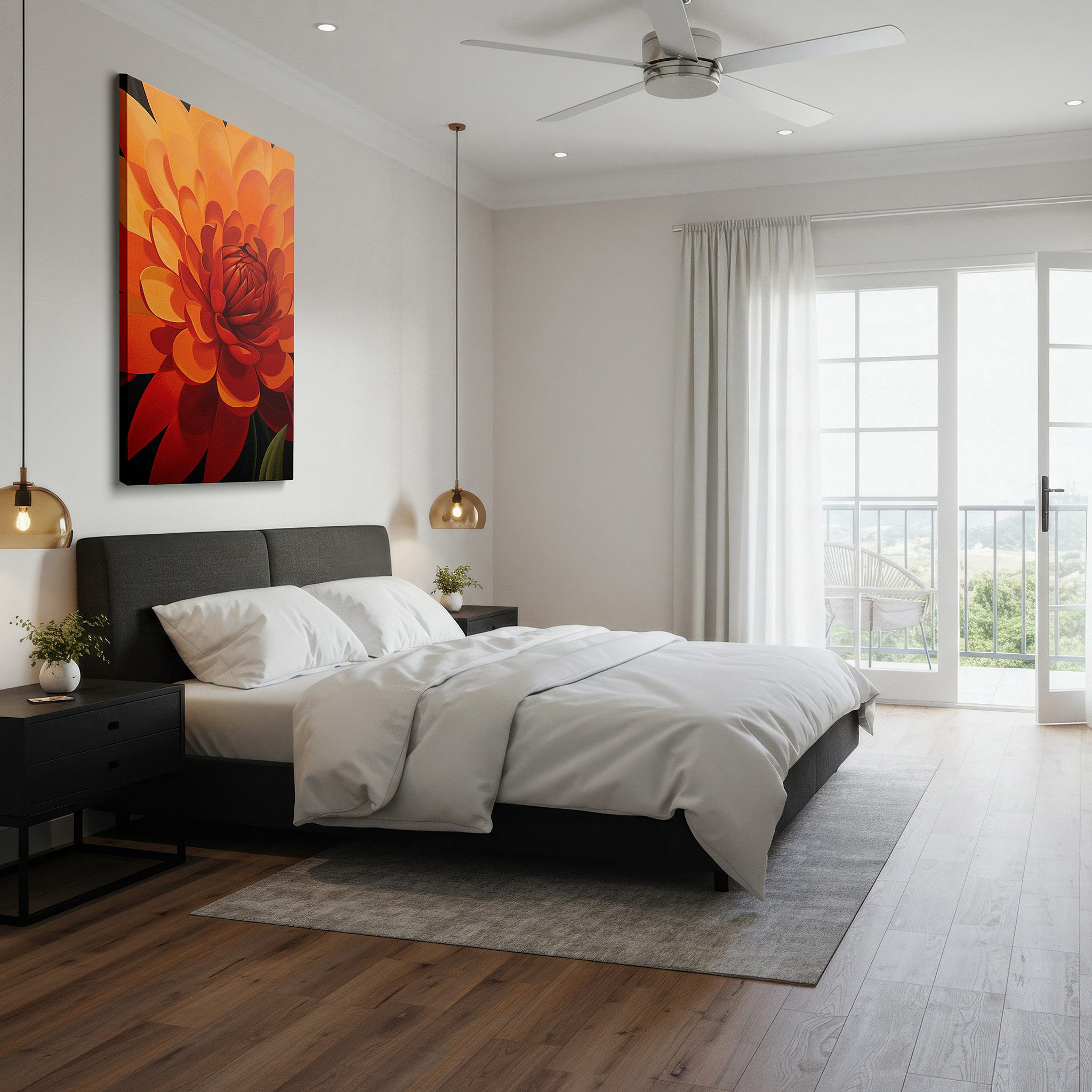 Presented on a clean white gallery wall with ample space — exquisite orange flower artwork celebrating nature's beauty and detail - large canvas wall decor for offices