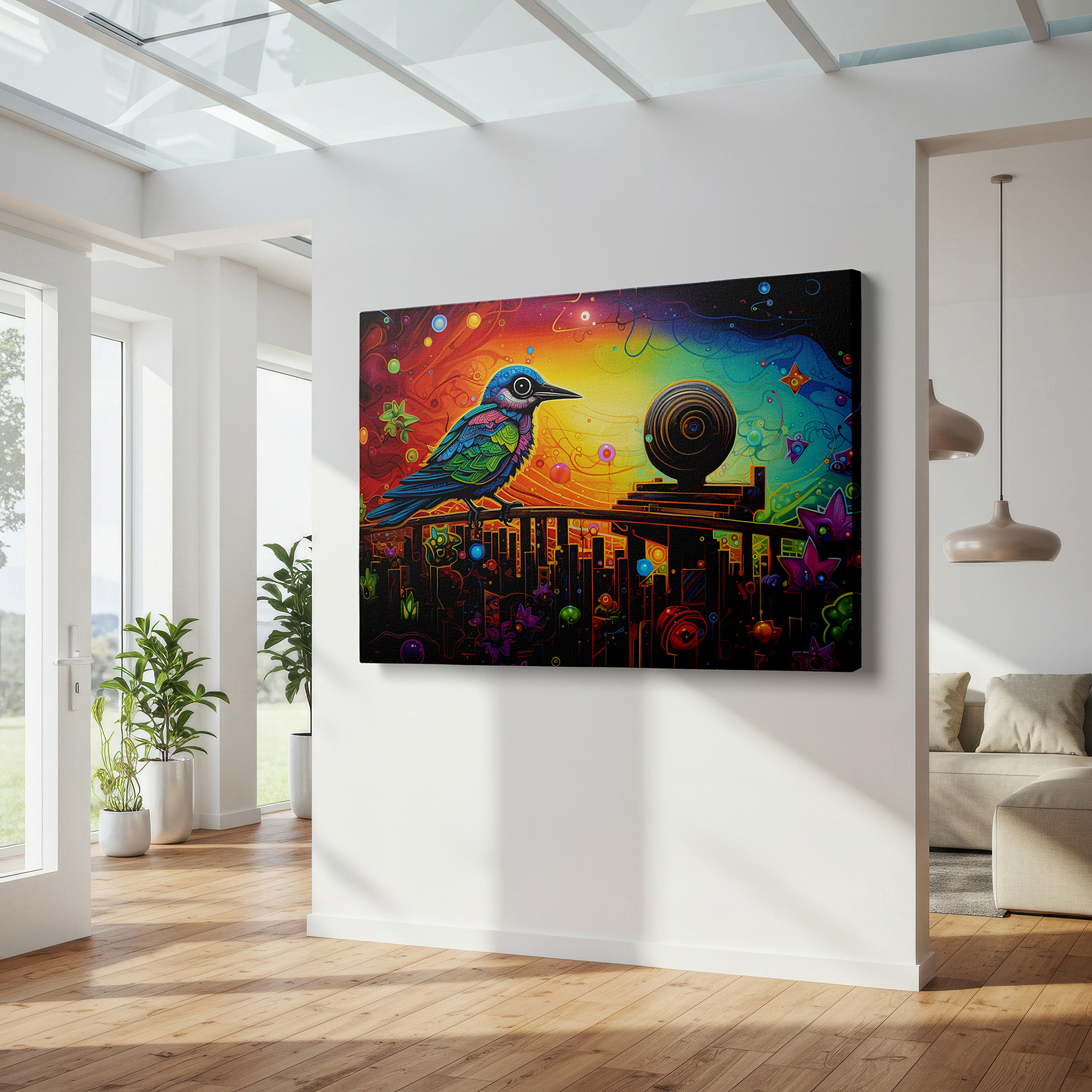 Presented on a clean white gallery wall with ample space — fantasy meets reality: vivid bird centerpiece with abstract natural elements, large canvas wall art for home and office decor