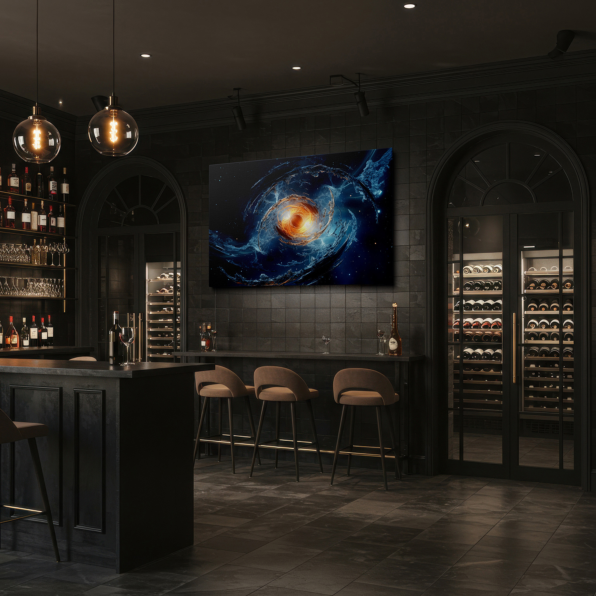 Presented on a clean white gallery wall with ample space — fiery cosmic vortex and celestial swirls wall art in deep blues and vibrant oranges, large canvas for home and office decor