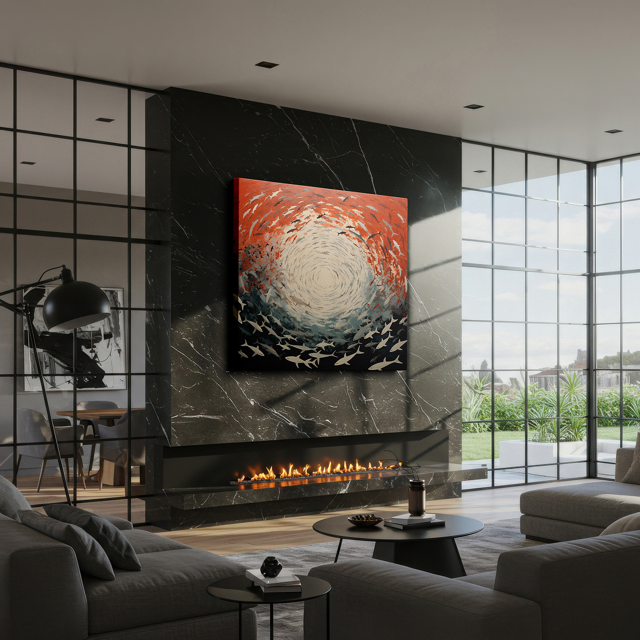 Presented on a clean white gallery wall with ample space — fiery depths sharks: a balletic display of nature's fierce beauty - large canvas wall art for office and bedroom decor