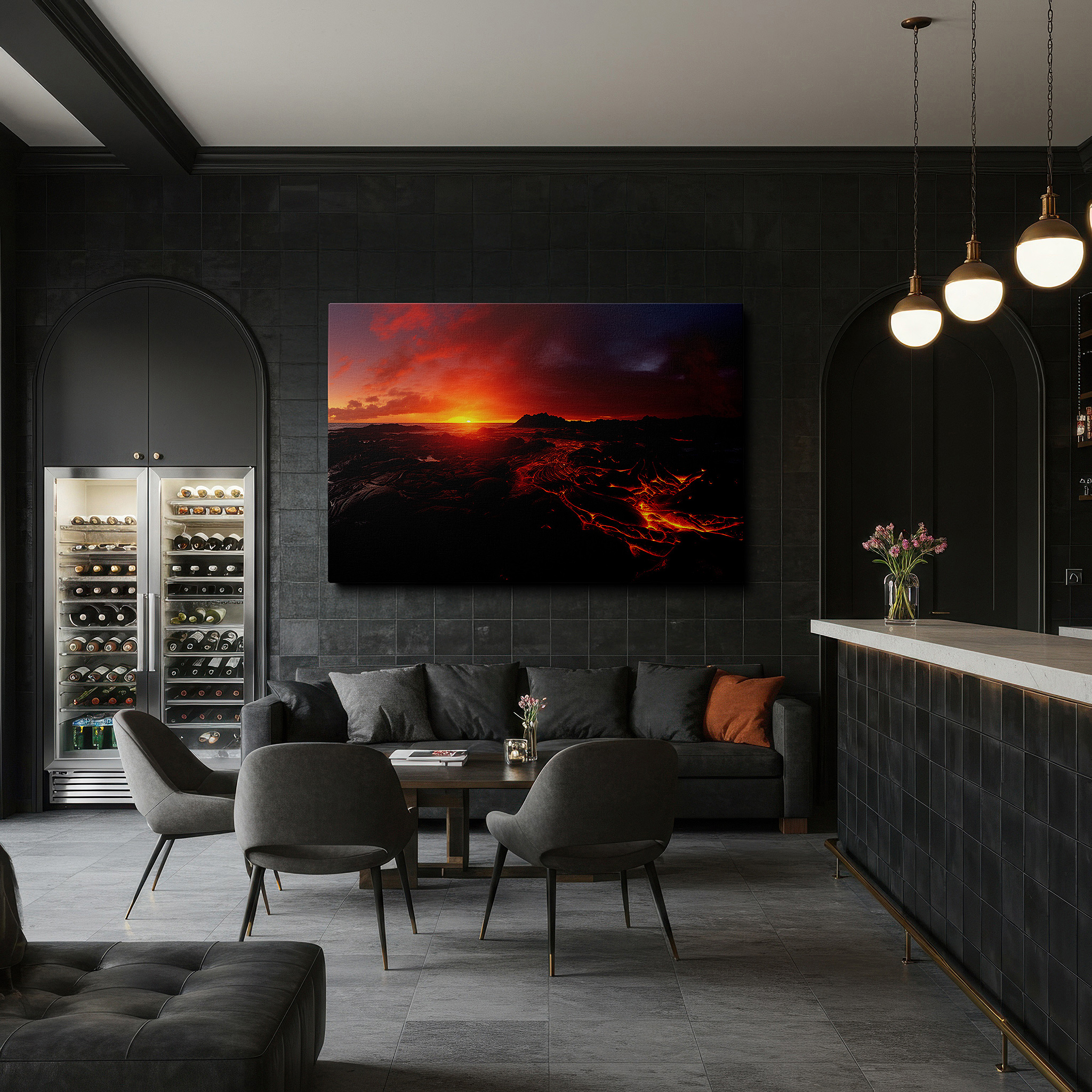 Presented on a clean white gallery wall with ample space — fiery eruption and serene ocean at sunset: a vivid dance of creation and destruction - large wall art, canvas wall art, wall decor for office