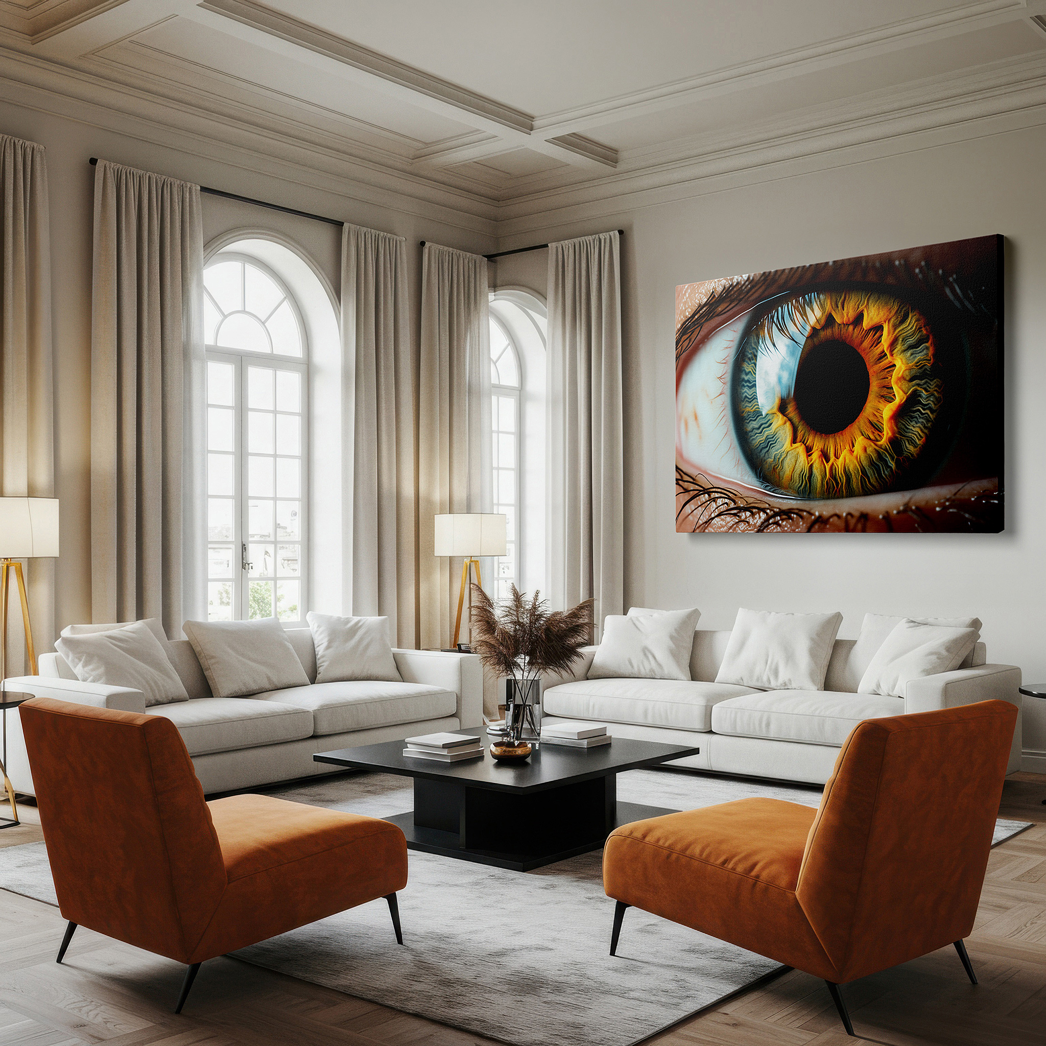 Presented on a clean white gallery wall with ample space — fiery iris gateway to the soul large canvas wall art for office, bedroom, and living room decor
