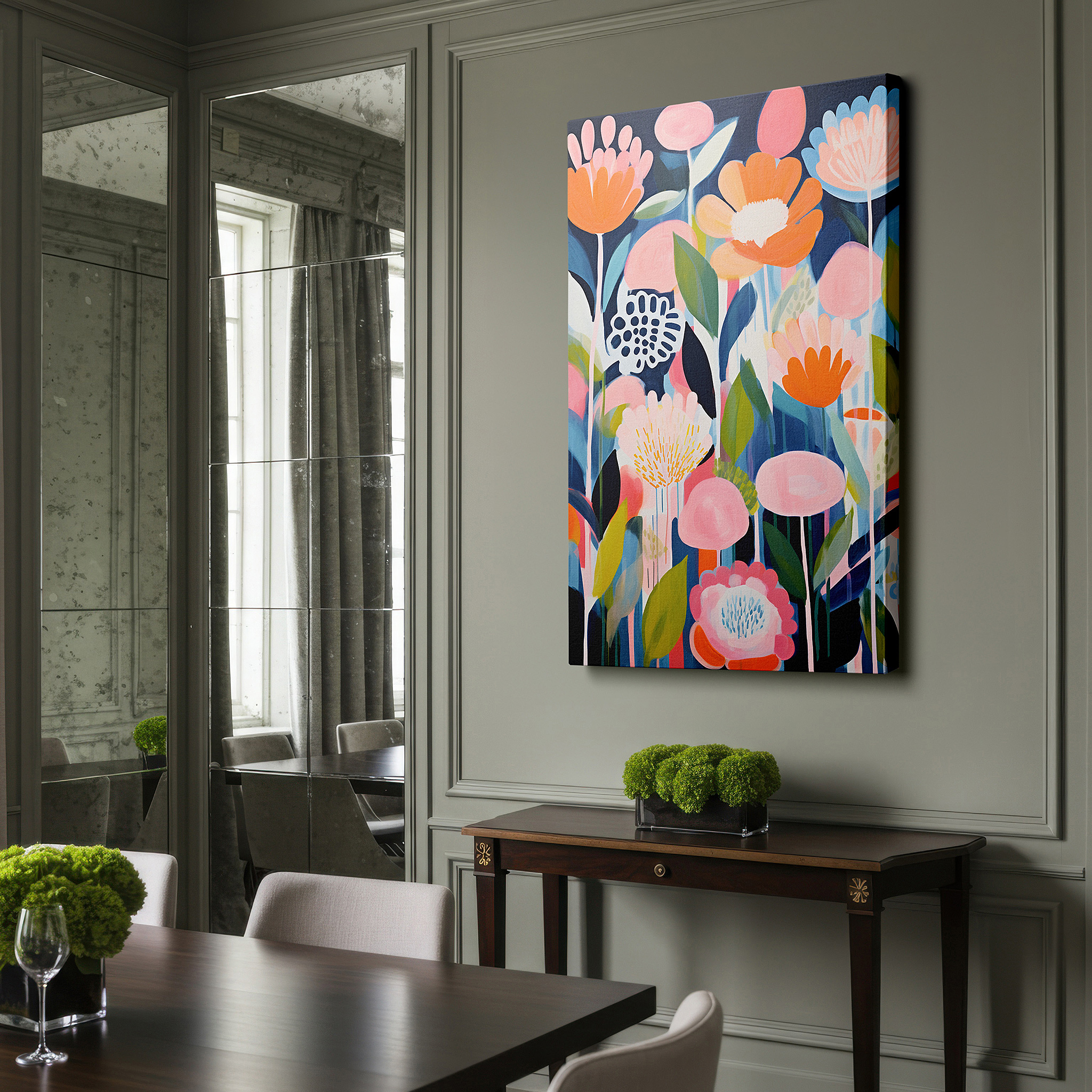 Presented on a clean white gallery wall with ample space — garden of glow: dynamic light and shadow dance with bright, blooming flowers - large wall art, canvas wall art, wall decor for office