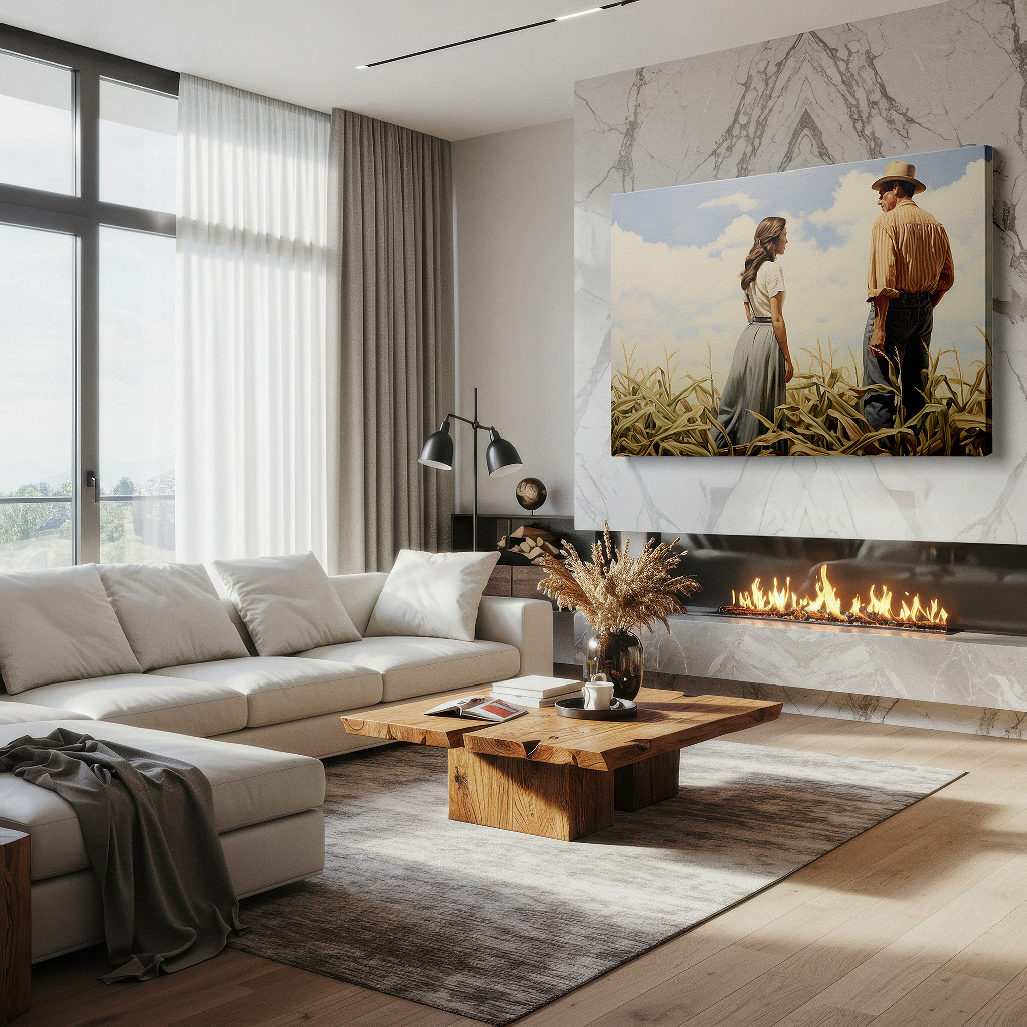Presented on a clean white gallery wall with ample space — golden cornfield tender moments - timeless love and companionship portrait under a radiant sky, large canvas wall art