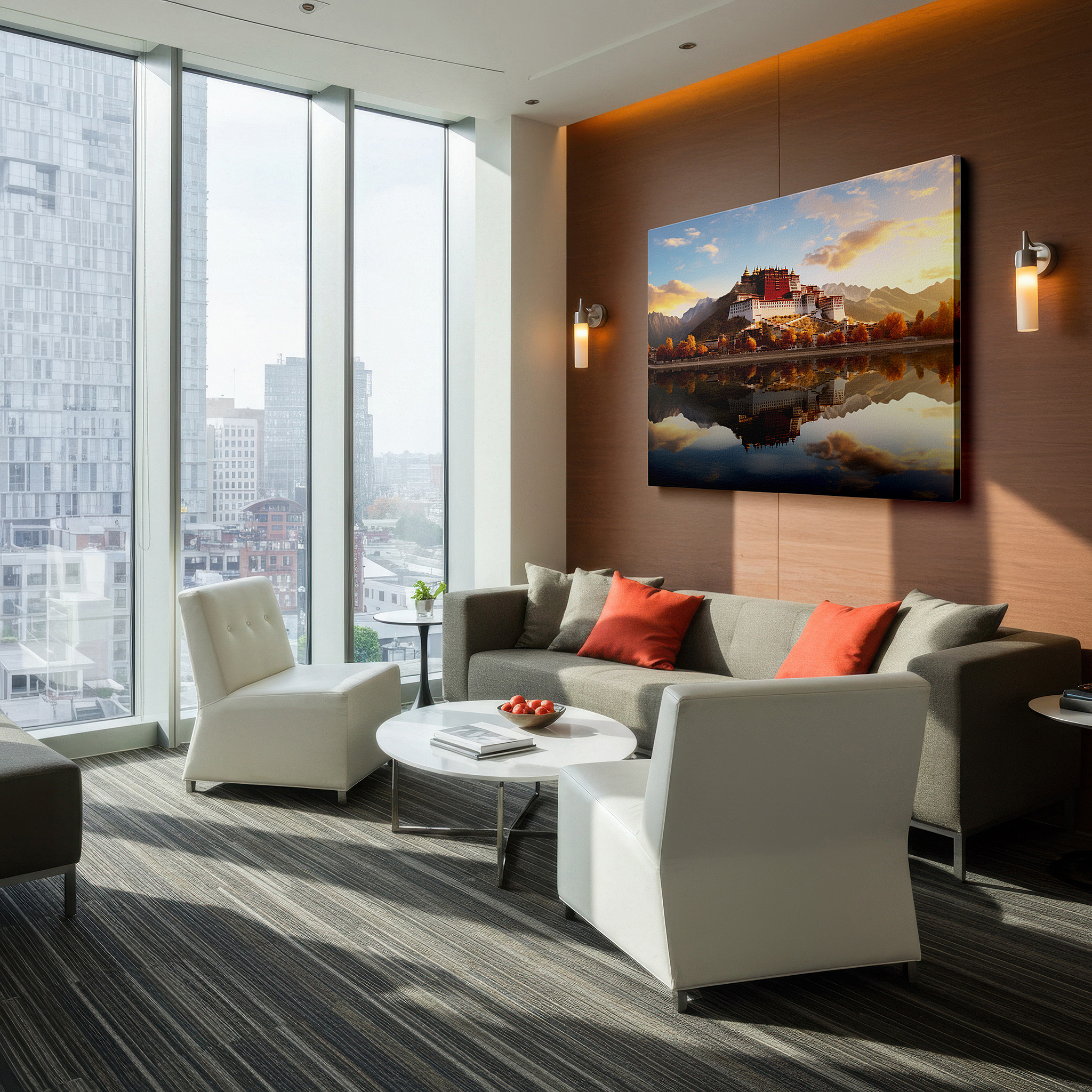 Presented on a clean white gallery wall with ample space — golden sunset at potala palace - serene reflection of tibetan architectural grandeur, large canvas wall art for home and office decor