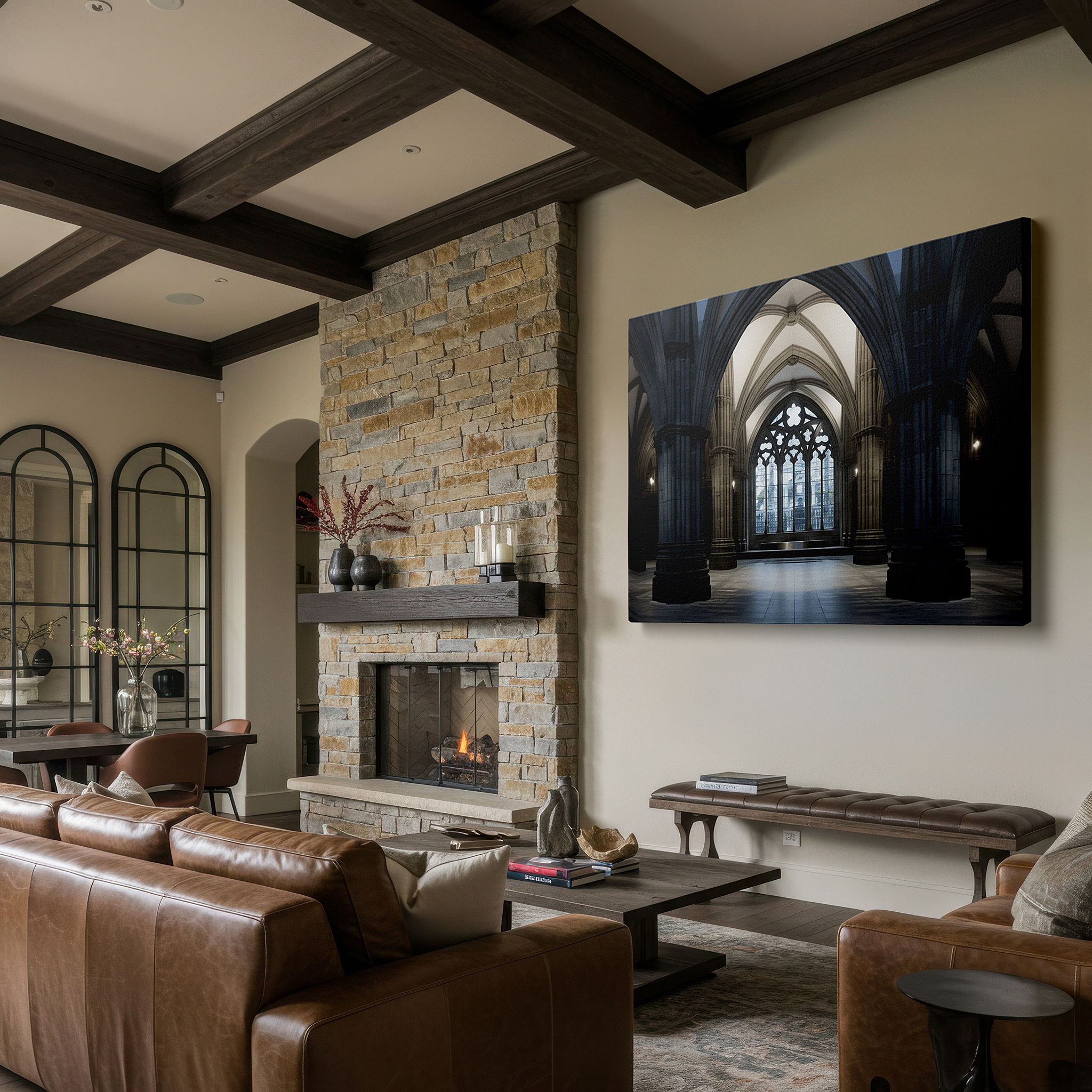 Presented on a clean white gallery wall with ample space — gothic elegance in arches and stonework: reflective spaces wall art for office, bedroom, and living areas