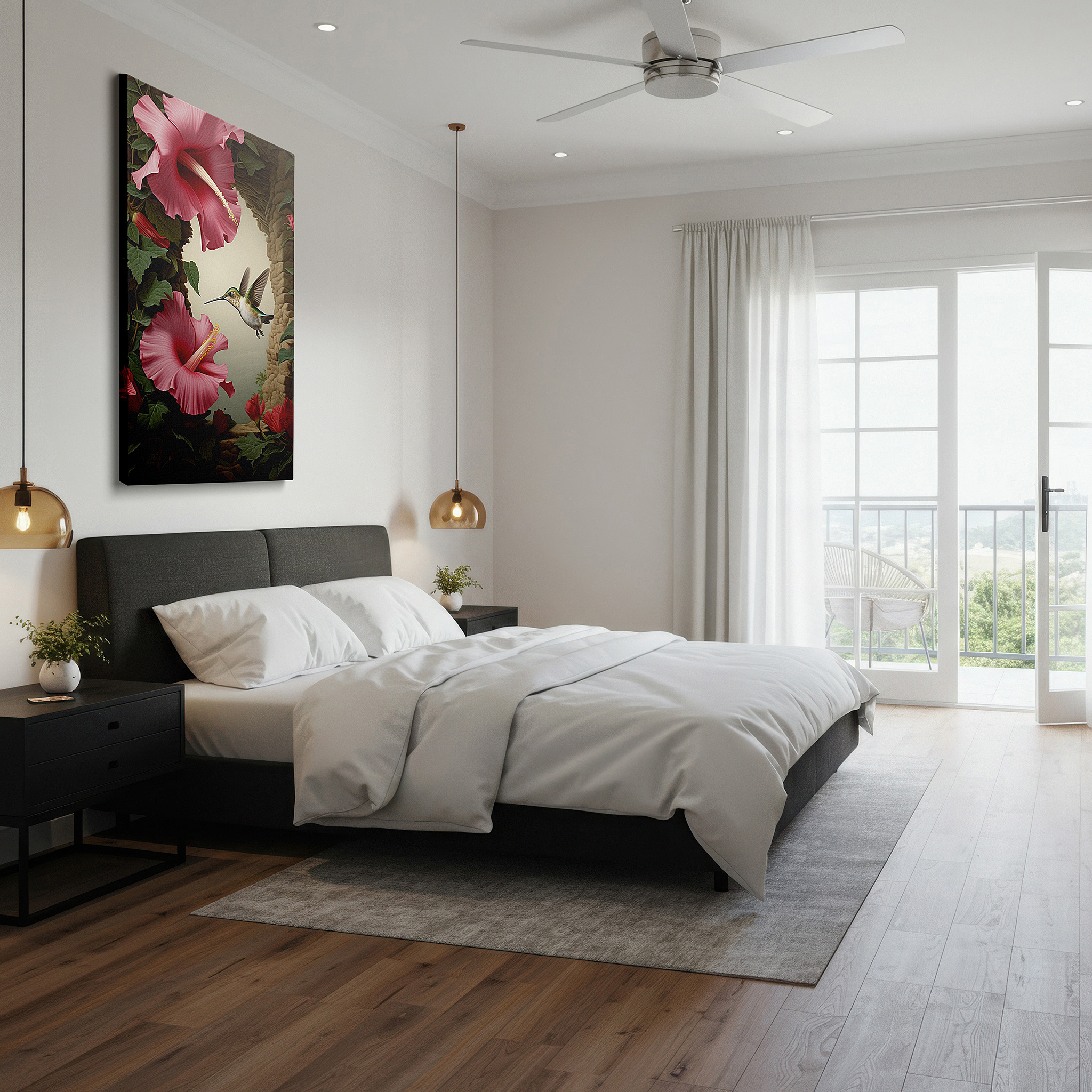 Presented on a clean white gallery wall with ample space — graceful hummingbird hovering over vibrant hibiscus flowers - large canvas wall art for office, bedroom, and living room decor