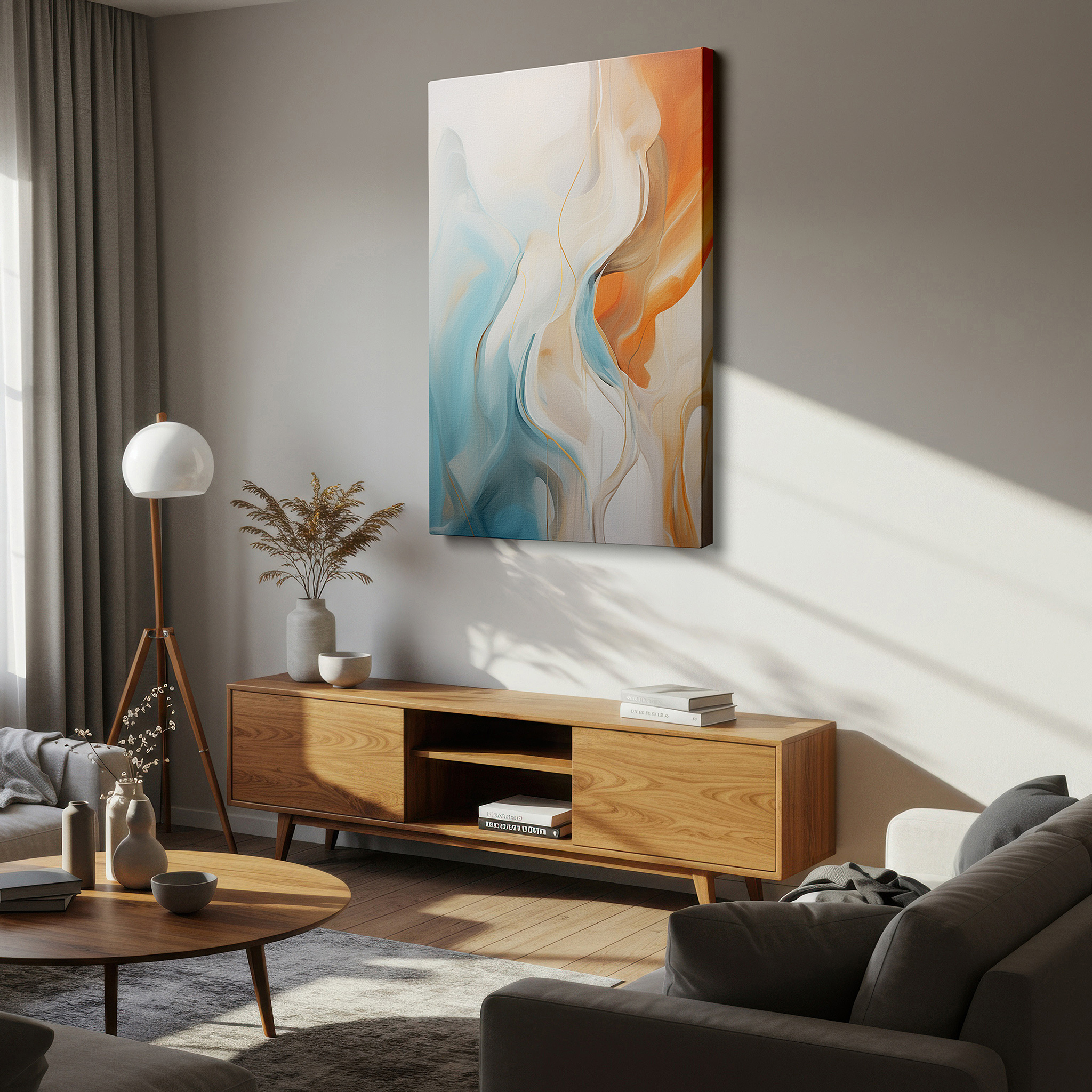 Presented on a clean white gallery wall with ample space — a haven of serenity and contemplation with soft hues and elegant forms: oversized wall art, canvas wall art, wall decor, office wall art, bedroom wall art