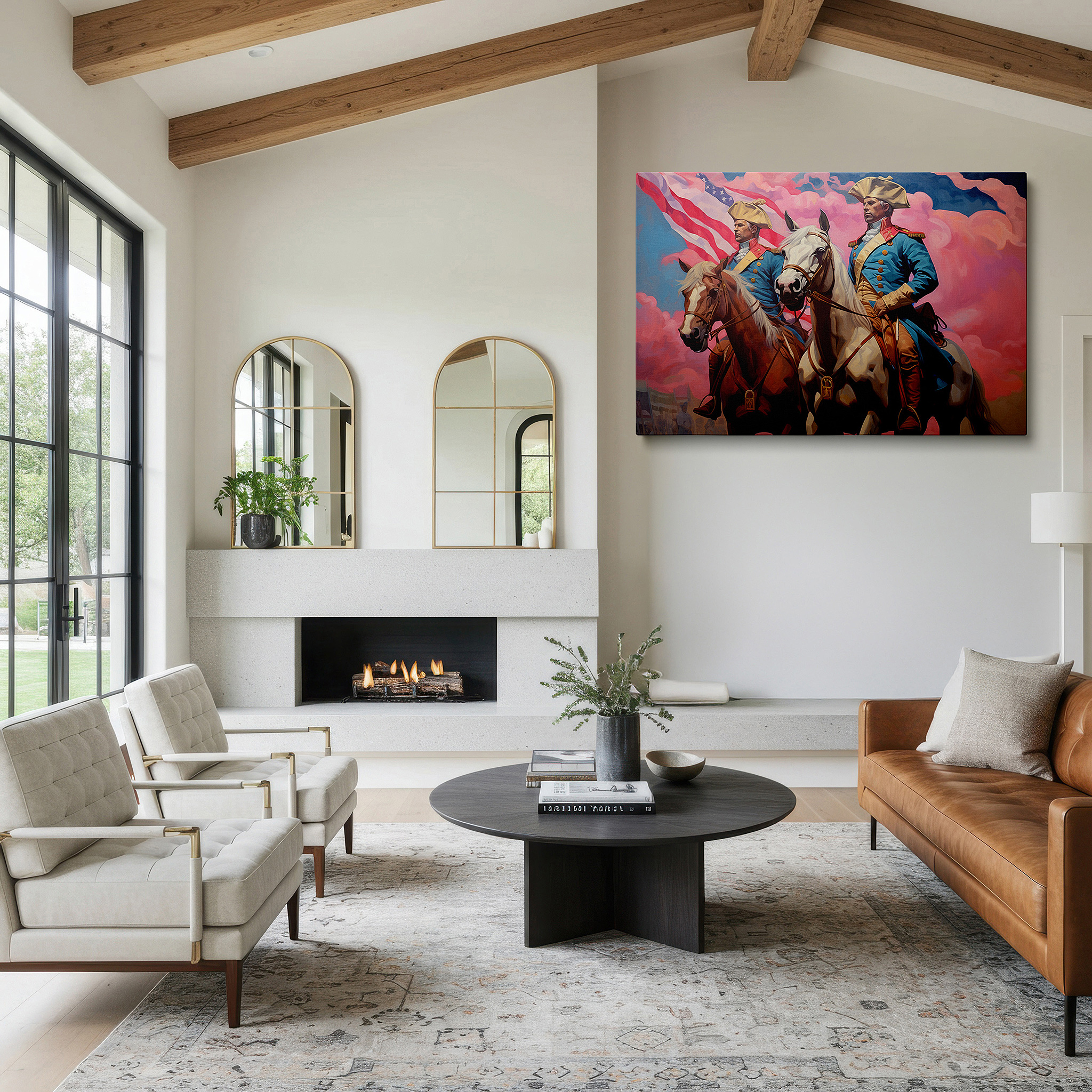 Presented on a clean white gallery wall with ample space — historical leaders on horseback at dawn: a representation of leadership and valor - large canvas wall art for office and bedroom decor