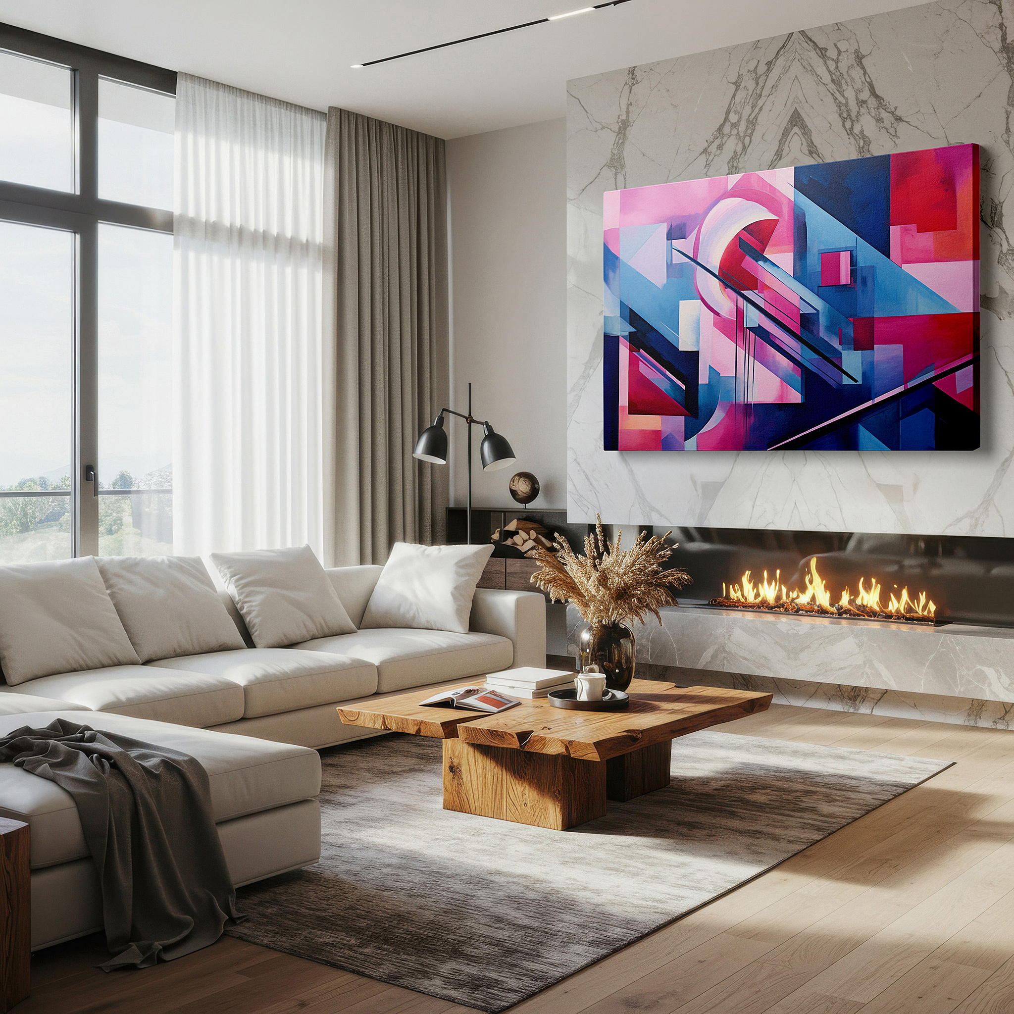 Presented on a clean white gallery wall with ample space — ignite your imagination with vibrant geometric large wall art, canvas decor for home and office