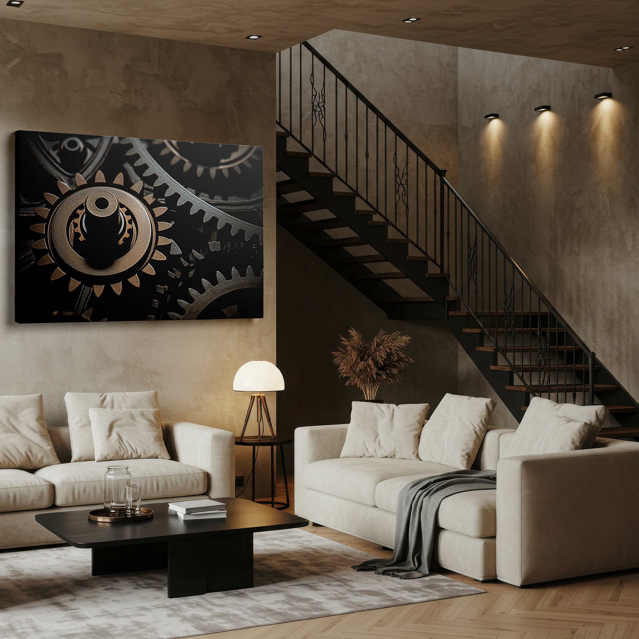 Presented on a clean white gallery wall with ample space — interlocking metal gears wall art: a symphony of mechanical precision and artistic flair, perfect for office or bedroom decor, available as large canvas