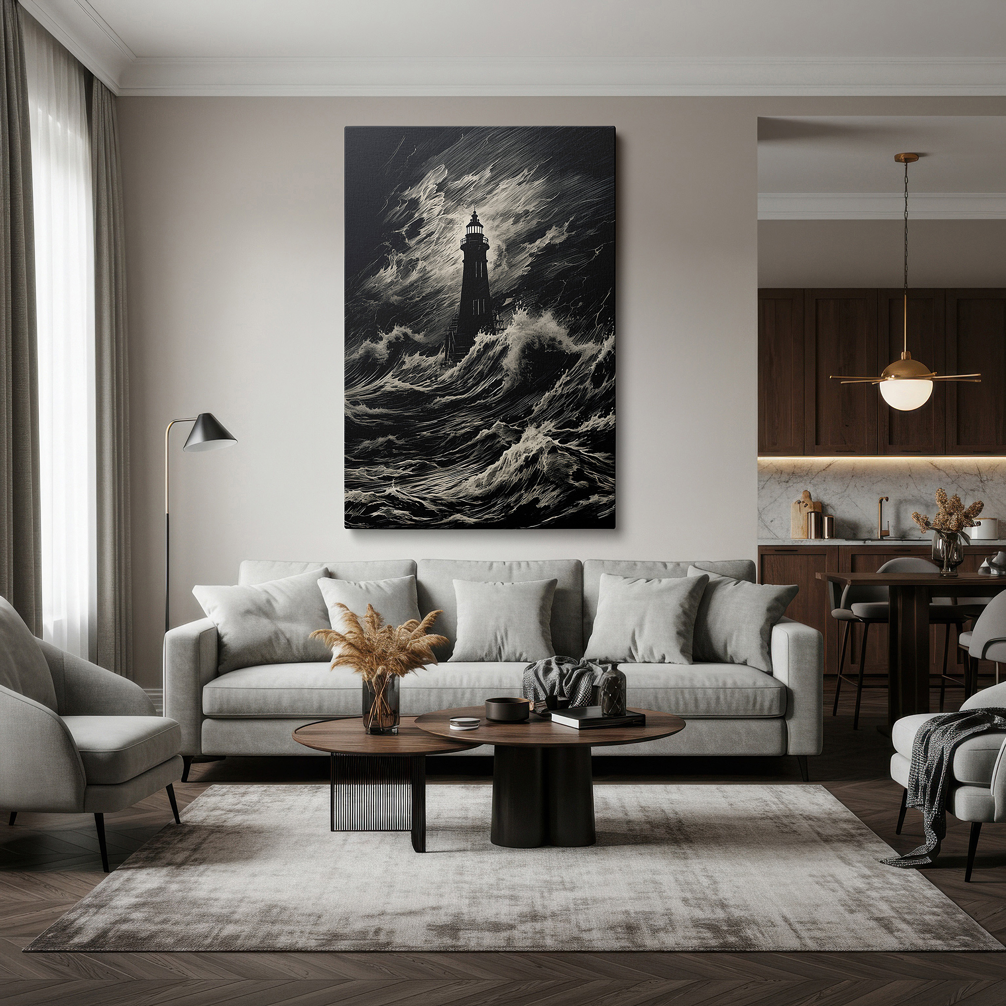 Presented on a clean white gallery wall with ample space — lighthouse in the storm wall art - symbolizing hope and resilience, perfect for home or office decor, available as large canvas