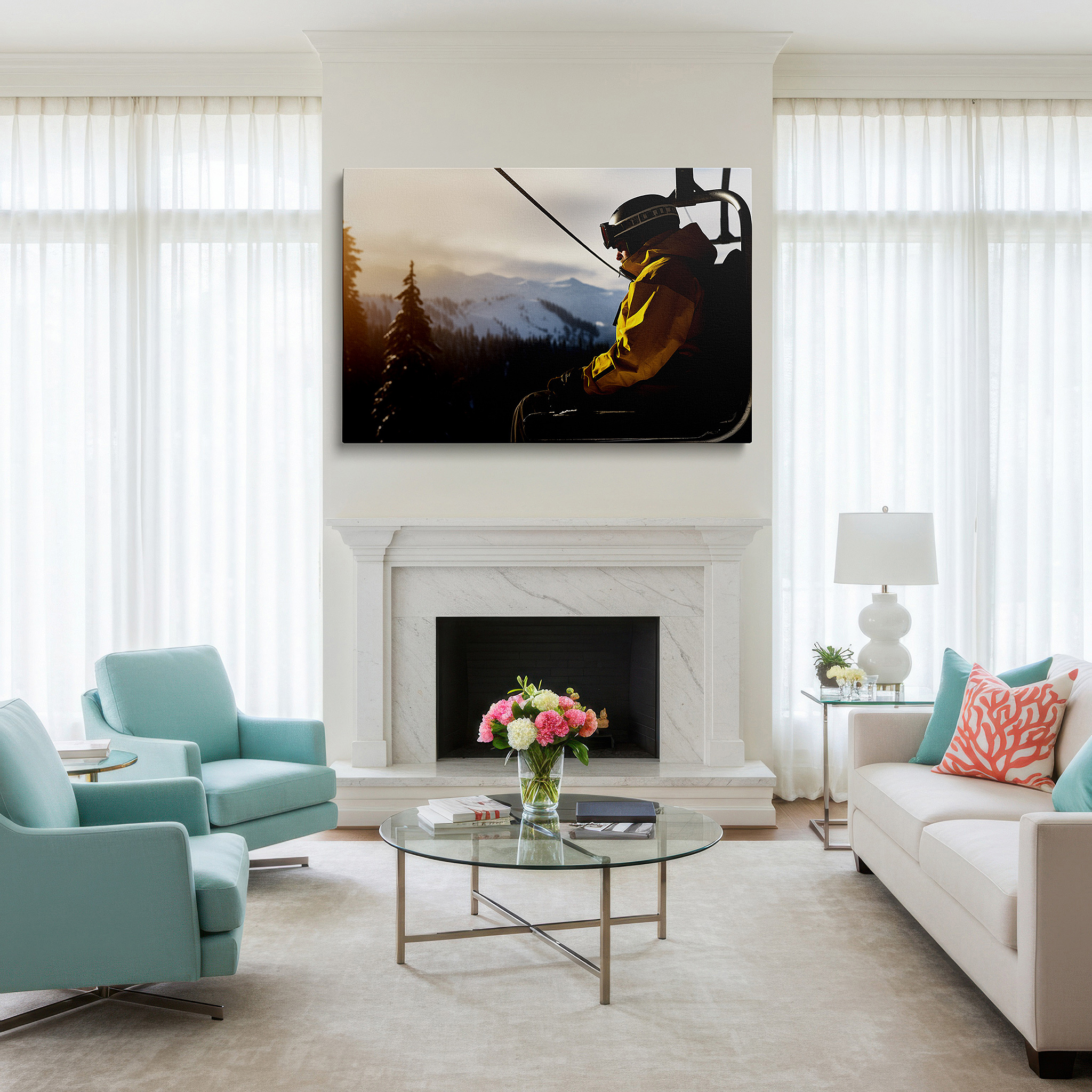 Presented on a clean white gallery wall with ample space — lone skier ascending in chairlift against snow-capped peaks at dusk - large canvas wall art for office and bedroom decor