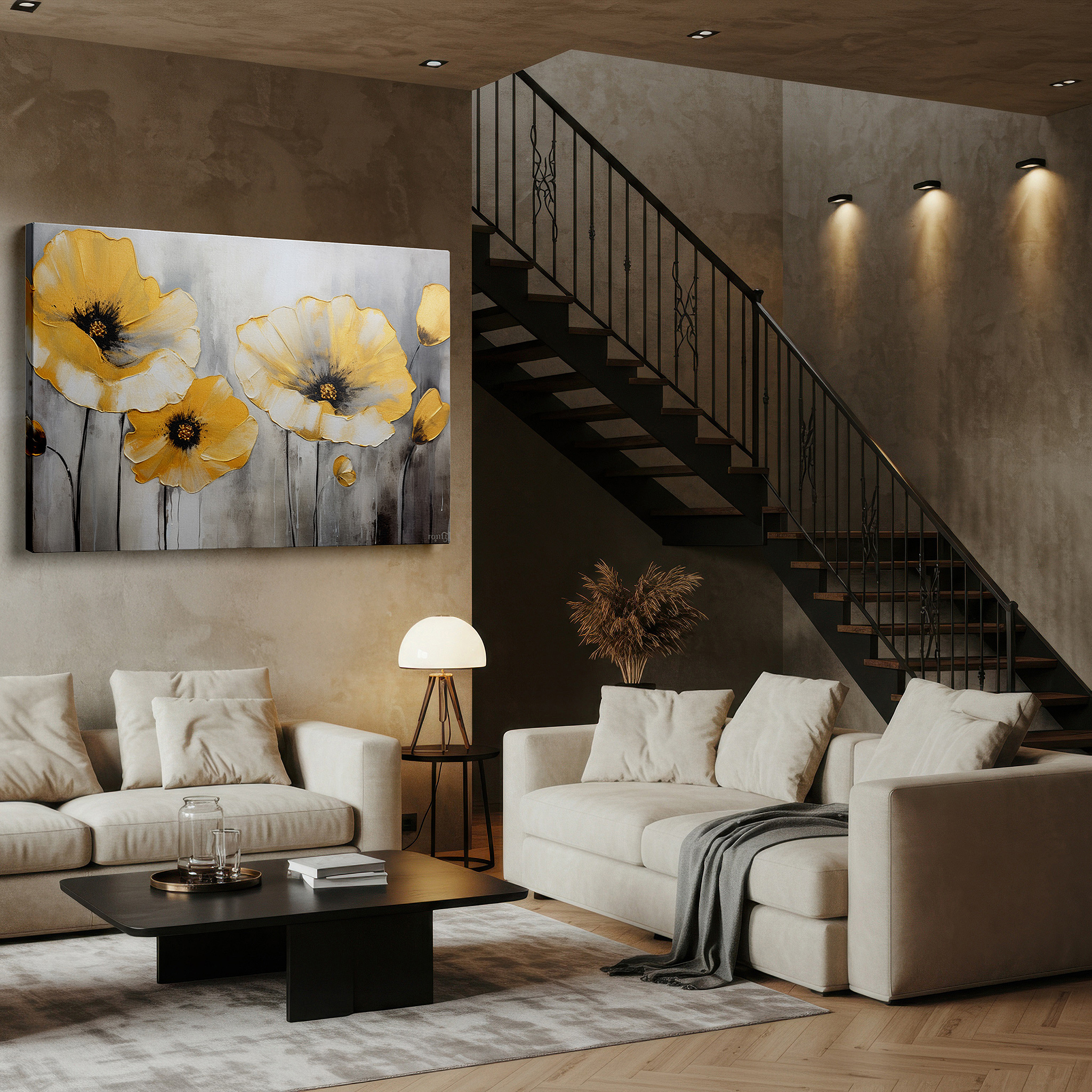 Presented on a clean white gallery wall with ample space — luxurious white and gold poppies on textured silver and gray large wall art, canvas wall art, elegant and tranquil decor