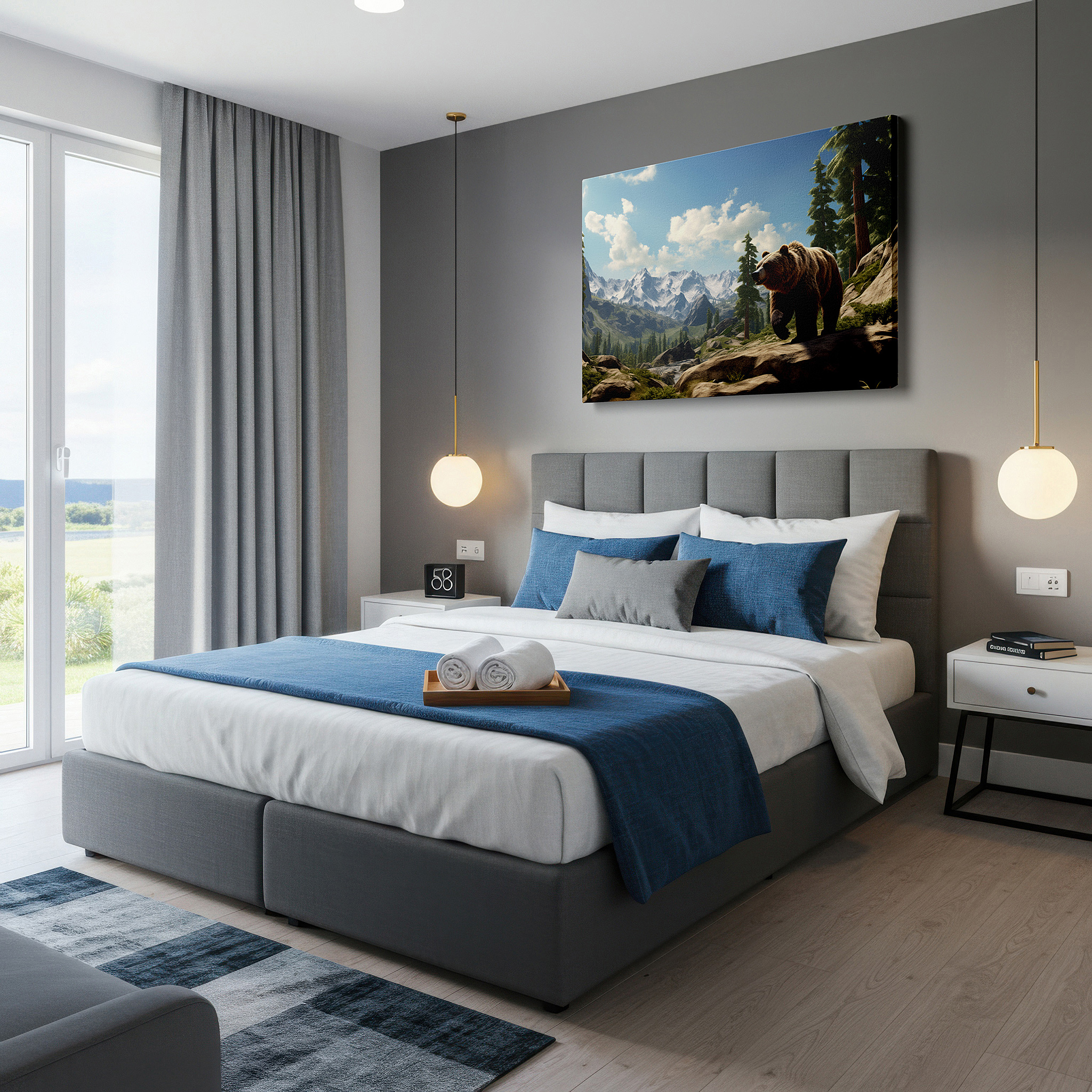 Presented on a clean white gallery wall with ample space — majestic bear amidst scenic mountain vistas - celebrating wild natural beauty, large canvas wall art decor