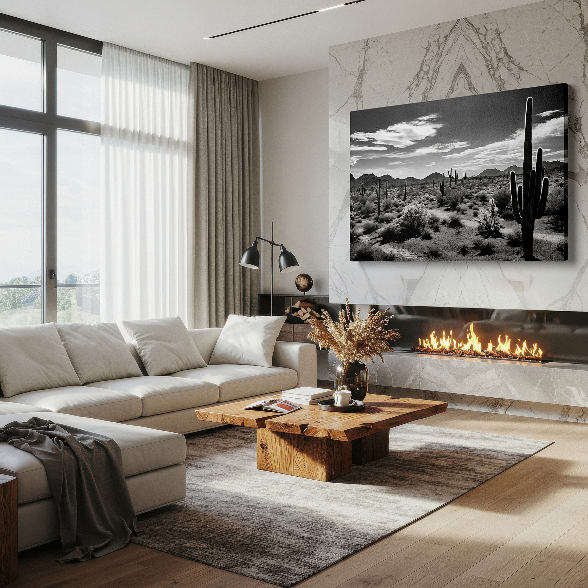 Presented on a clean white gallery wall with ample space — majestic cacti and stark sunlight monochromatic desert landscape wall art, large canvas decor for office and bedroom