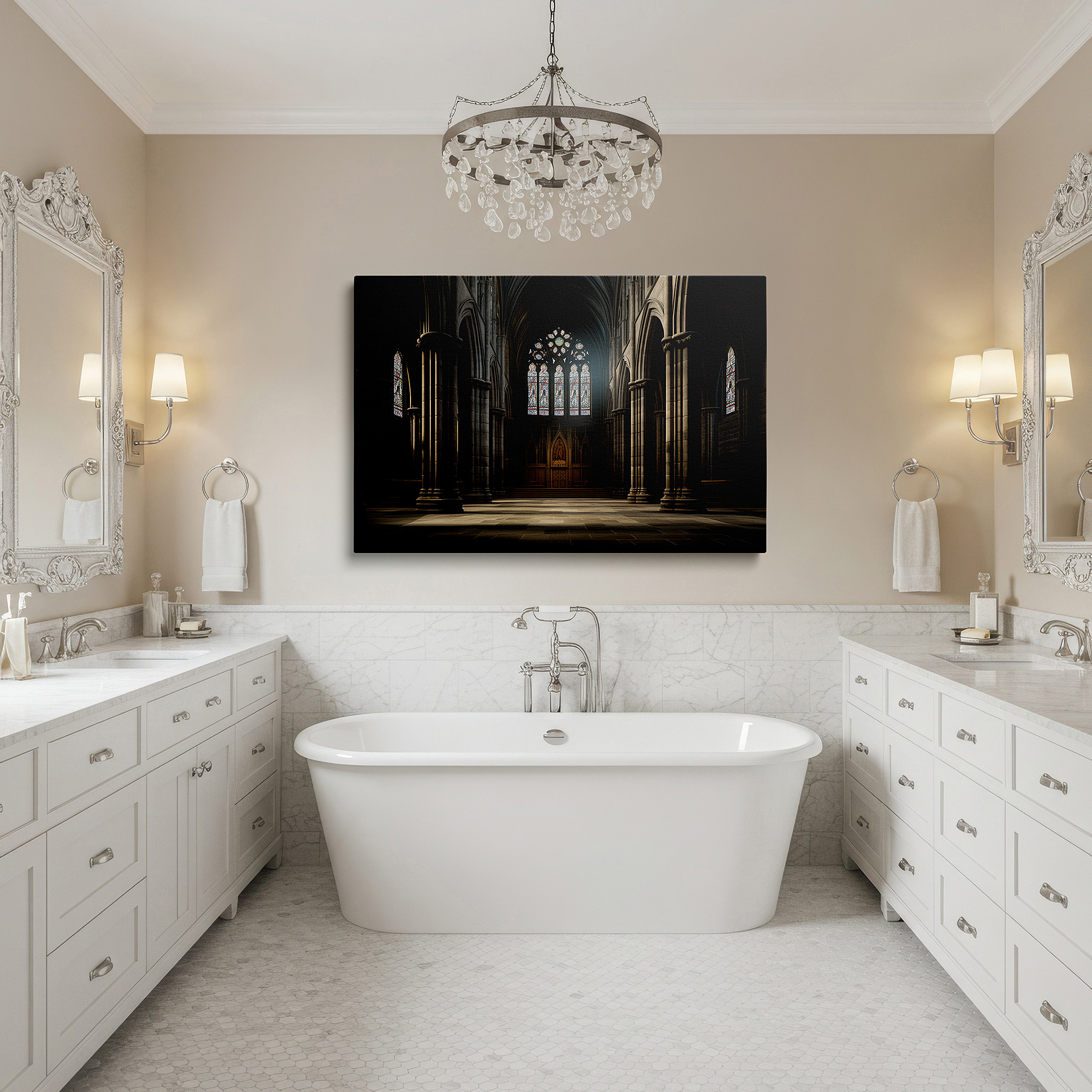 Presented on a clean white gallery wall with ample space — majestic cathedral interior wall art: a showcase of architectural brilliance and serene ambiance, perfect for office decor, available as large canvas prints