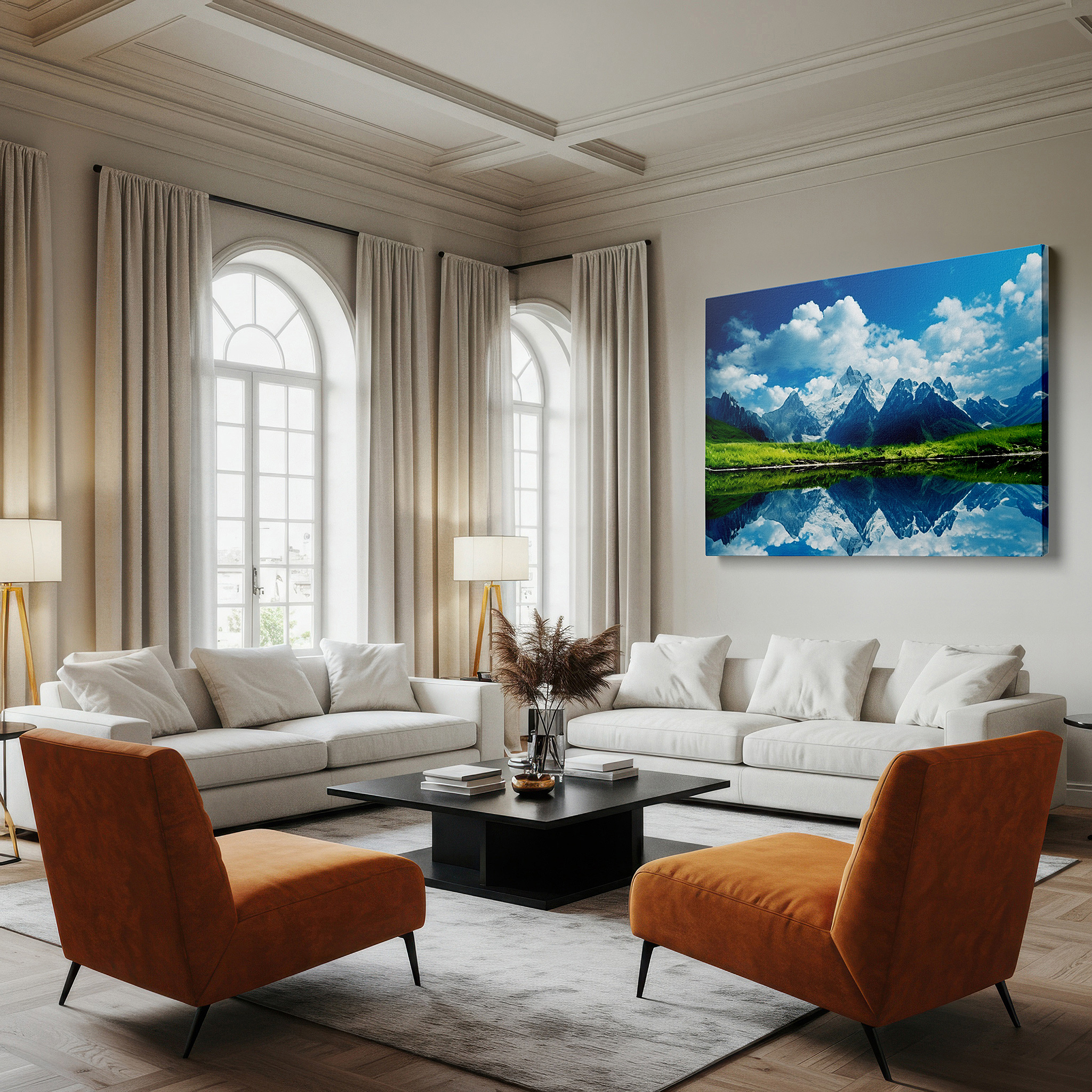 Presented on a clean white gallery wall with ample space — majestic mountains and serene lake - tranquil wilderness reflection large wall art, canvas wall art, wall decor for office and bedroom