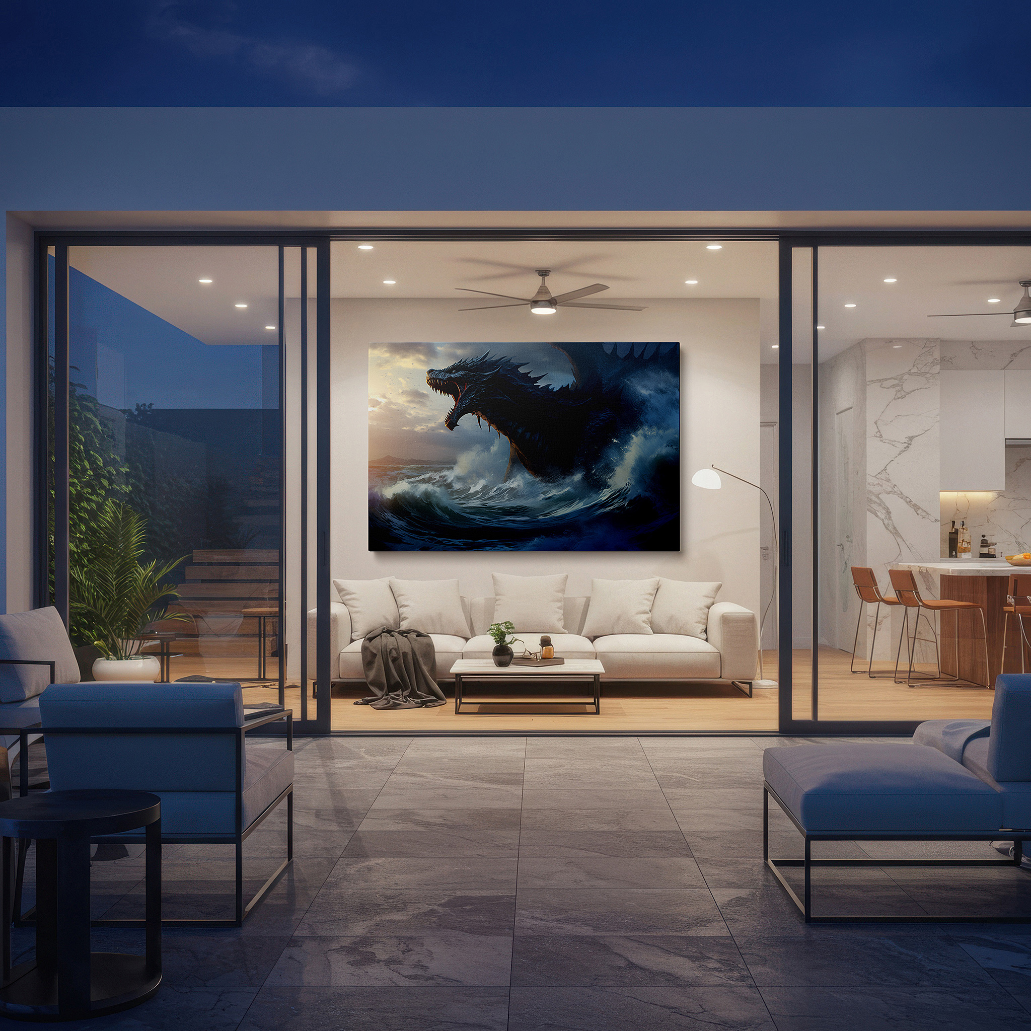 Presented on a clean white gallery wall with ample space — majestic sea creature emerging from the ocean under twilight skies - large canvas wall art for office and bedroom decor