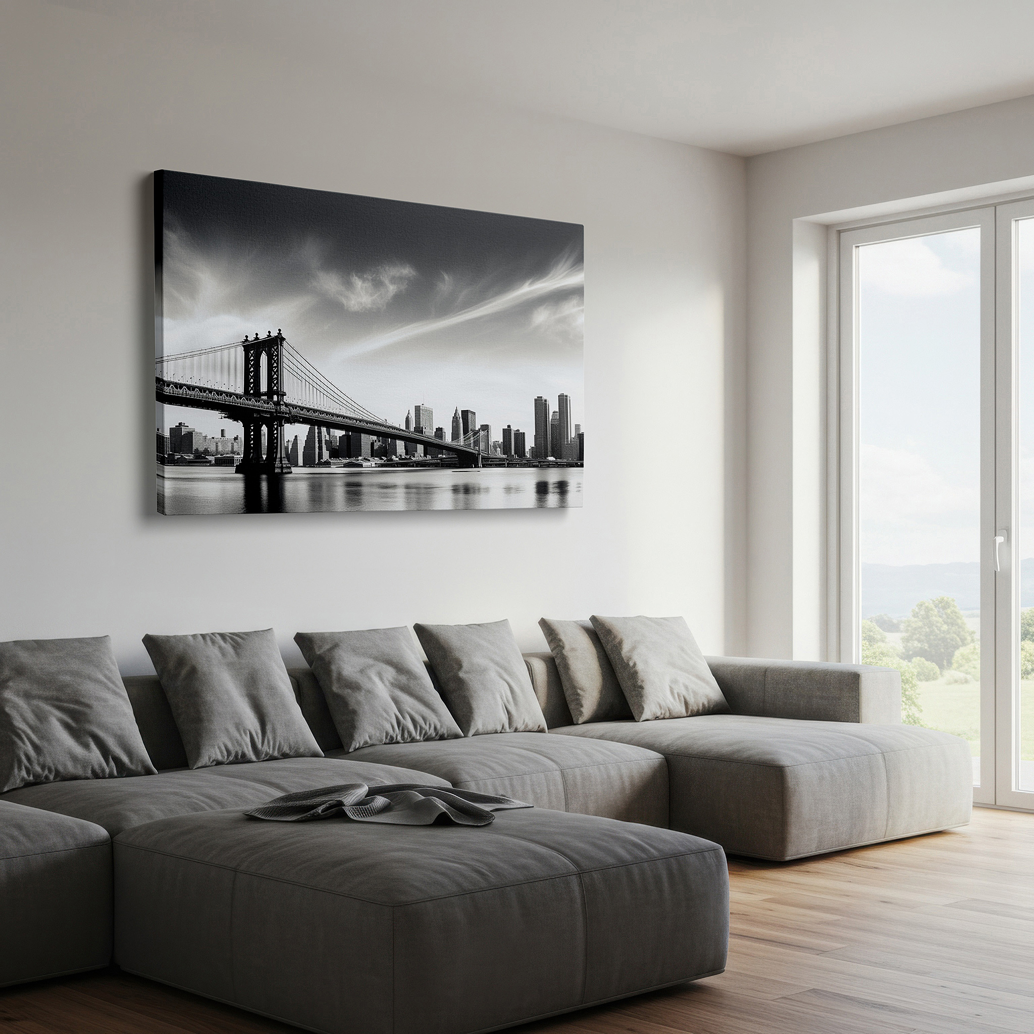 Presented on a clean white gallery wall with ample space — manhattan bridge and nyc skyline wall art - a monochrome tribute to urban elegance and architectural mastery, large canvas wall art
