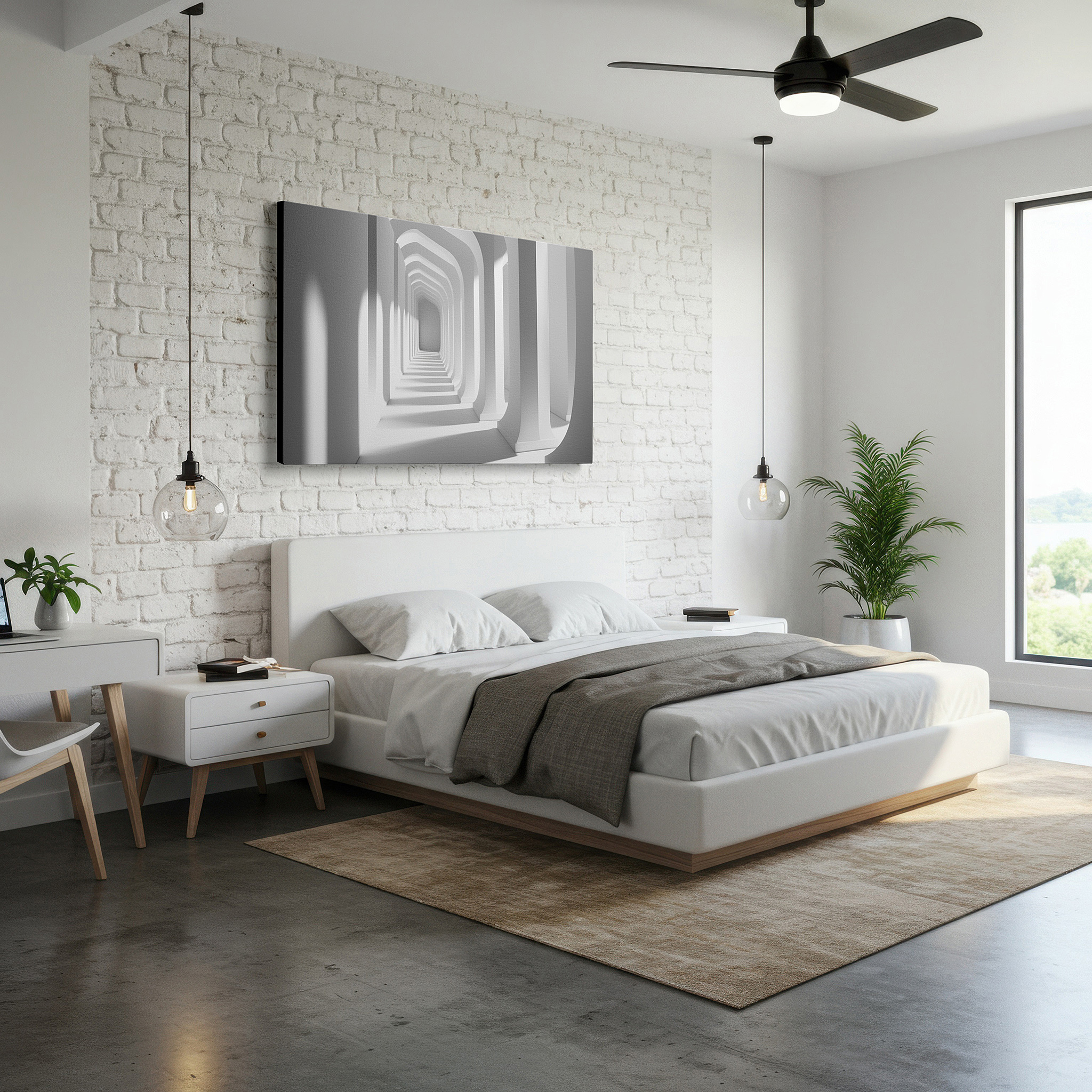 Presented on a clean white gallery wall with ample space — minimalist architectural corridor: a serene modern design statement in light and shadow - large canvas wall art for office decor