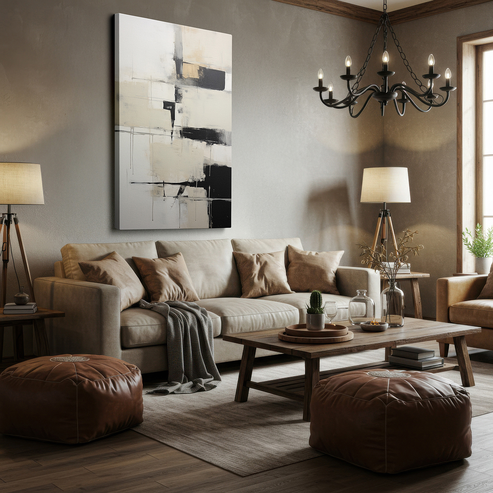 Presented on a clean white gallery wall with ample space — modern black and white sophistication featuring striking geometric designs and opulent gold details, large wall art, canvas wall art, wall decor, office