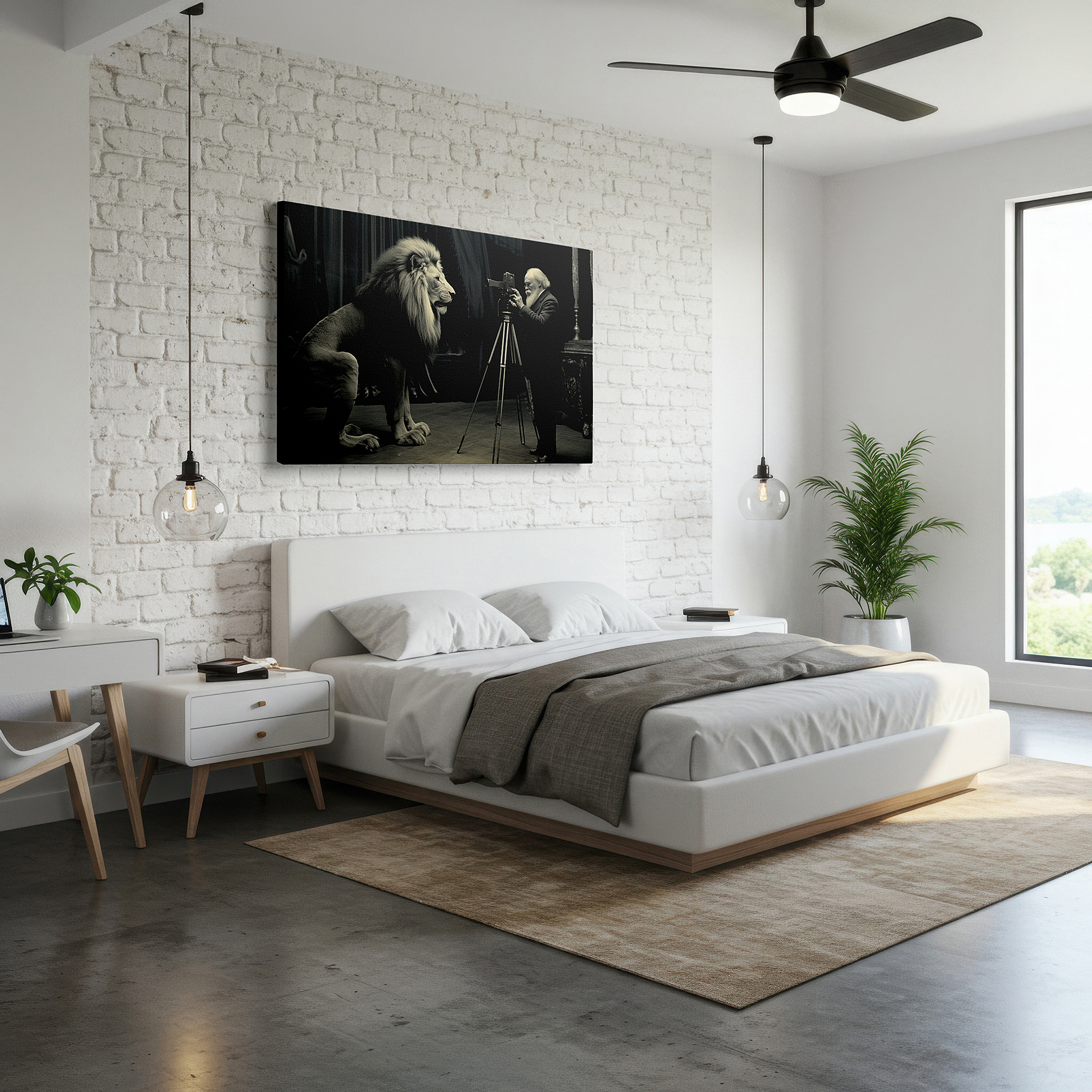Presented on a clean white gallery wall with ample space — monochrome large wall art featuring a surreal encounter between a majestic lion and an intrepid photographer, canvas wall art, wall decor