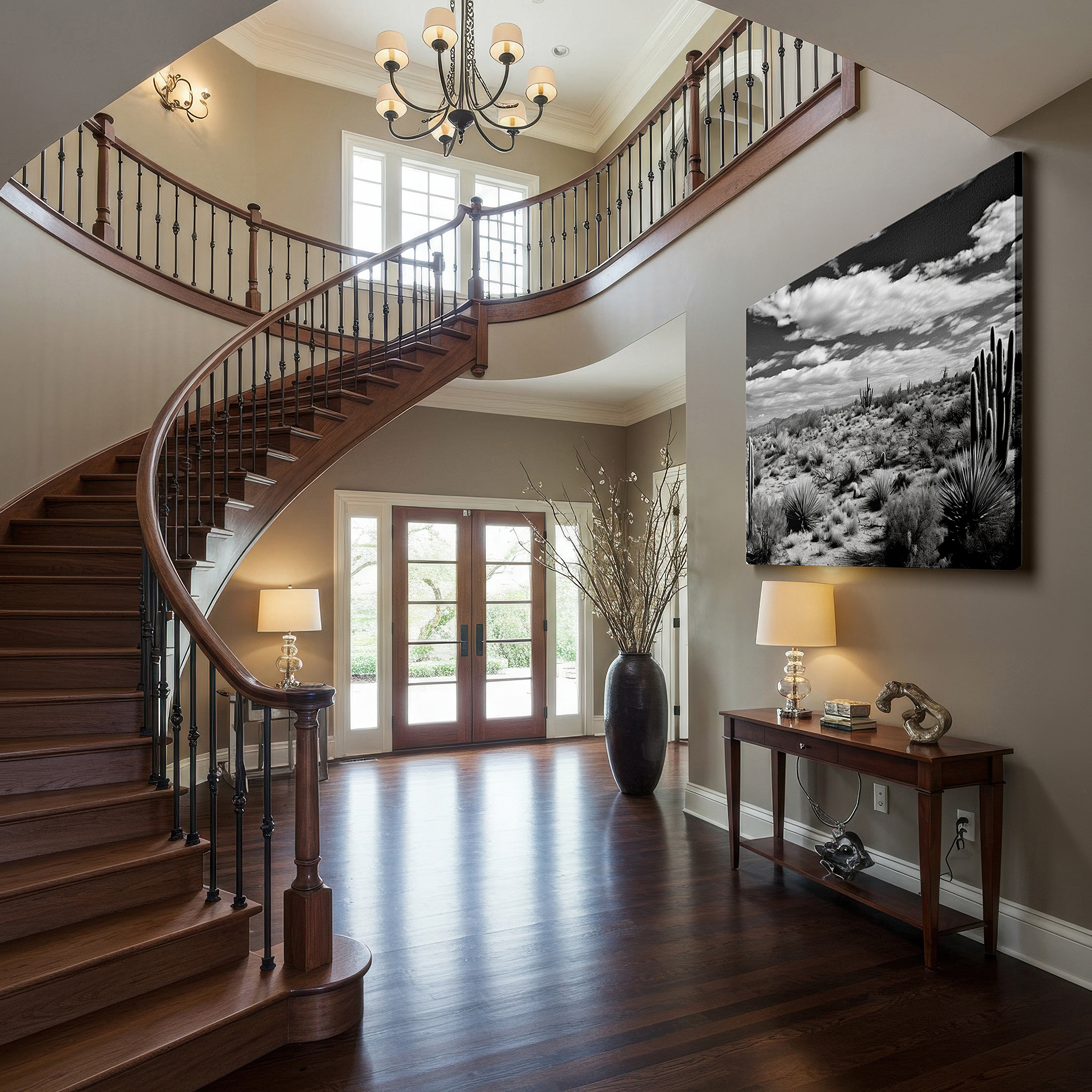 Presented on a clean white gallery wall with ample space — monochrome serene desert landscape with cacti large canvas wall art for office, bedroom, and living room decor