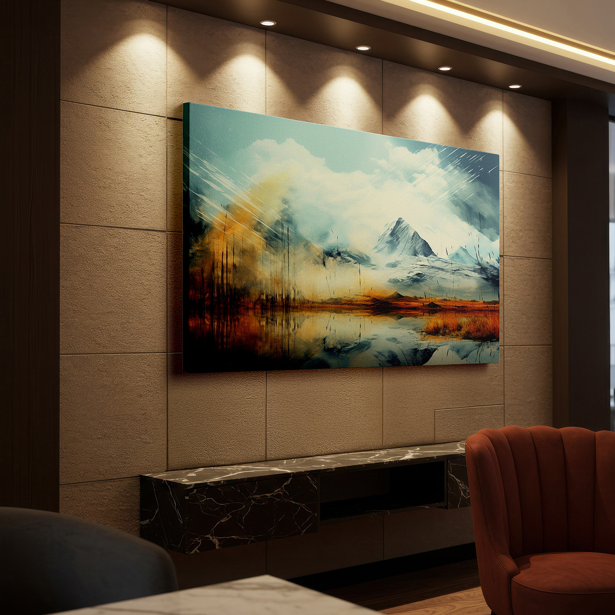 Presented on a clean white gallery wall with ample space — mountain reflections and vibrant foliage wall art: large canvas for home and office decor