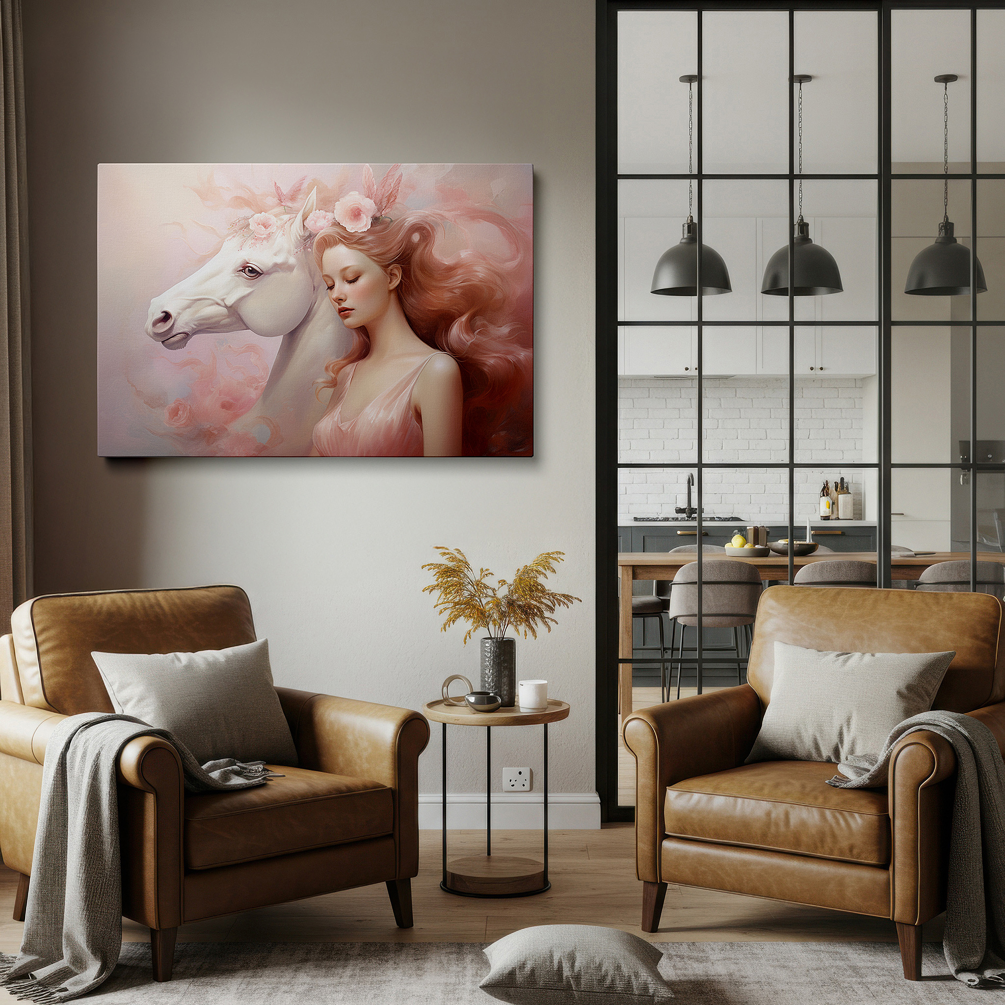 Presented on a clean white gallery wall with ample space — mystical elegance and dreamlike charm in the fusion of woman and mythical horse: large wall art, canvas wall art, wall decor for office and bedroom