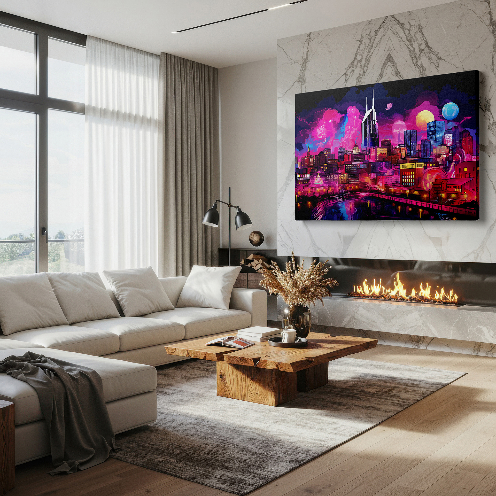 Presented on a clean white gallery wall with ample space — neon brilliance: cosmic mysteries and futuristic cityscapes in large wall art for offices, bedrooms, and living spaces