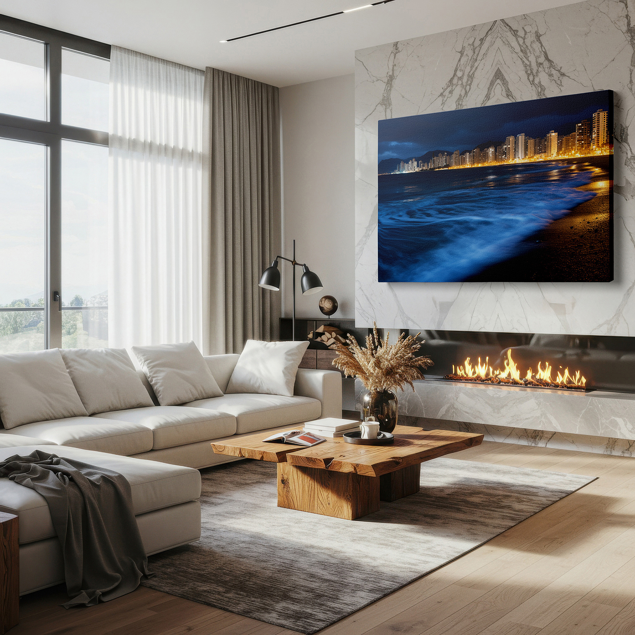 Presented on a clean white gallery wall with ample space — nighttime urban cityscape with glowing lights and peaceful water reflections - large canvas wall art for office and bedroom decor