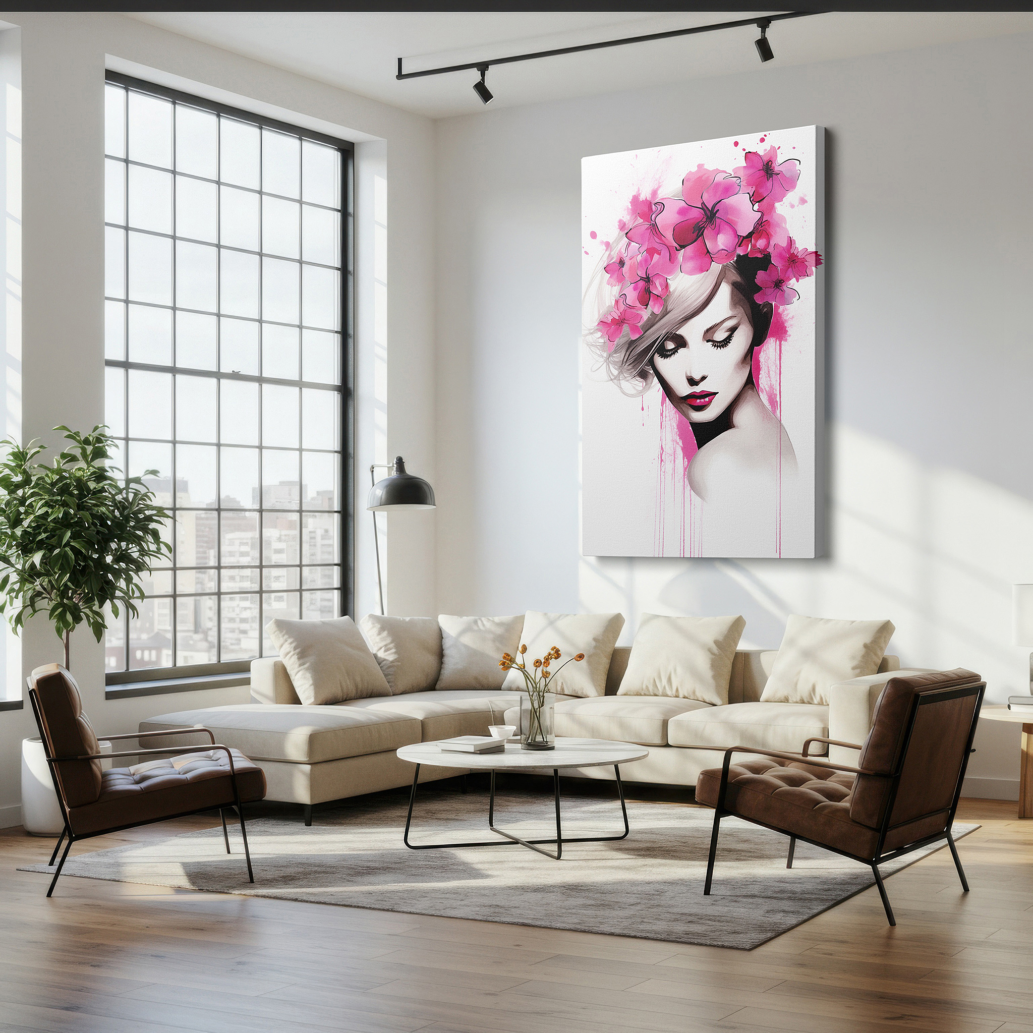 Presented on a clean white gallery wall with ample space — pastel serenity: feminine tranquility and ethereal pink flowers - large canvas wall art for office and bedroom decor