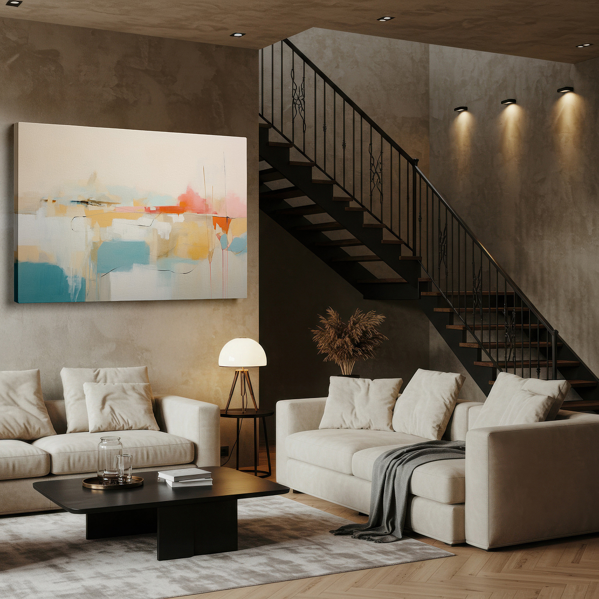Presented on a clean white gallery wall with ample space — pastel symphony: serene large wall art for tranquil spaces - perfect for office and bedroom decor