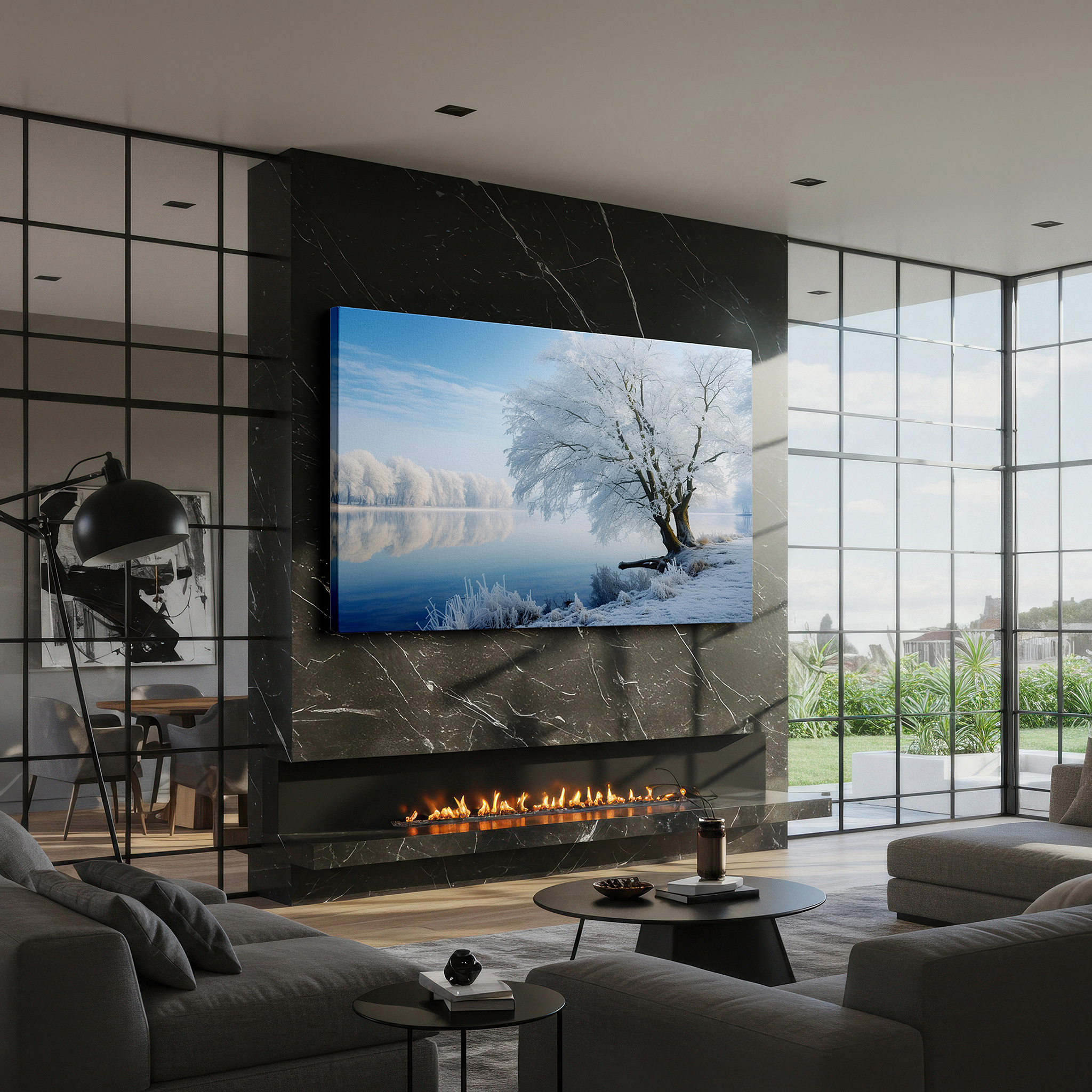 Presented on a clean white gallery wall with ample space — peaceful winter scene with calm lake and icy trees reflection large wall art, canvas wall art, wall decor for office and bedroom
